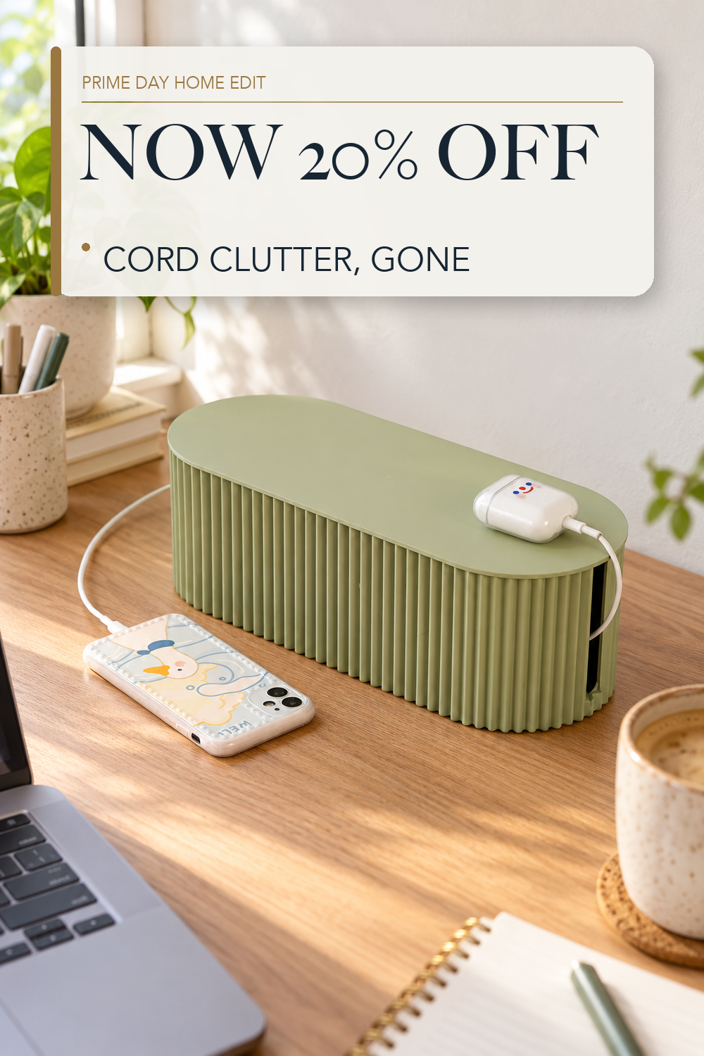 FABROK Cable Management Box, Cord Organizer Box, Small, Green; lifestyle styling illustration