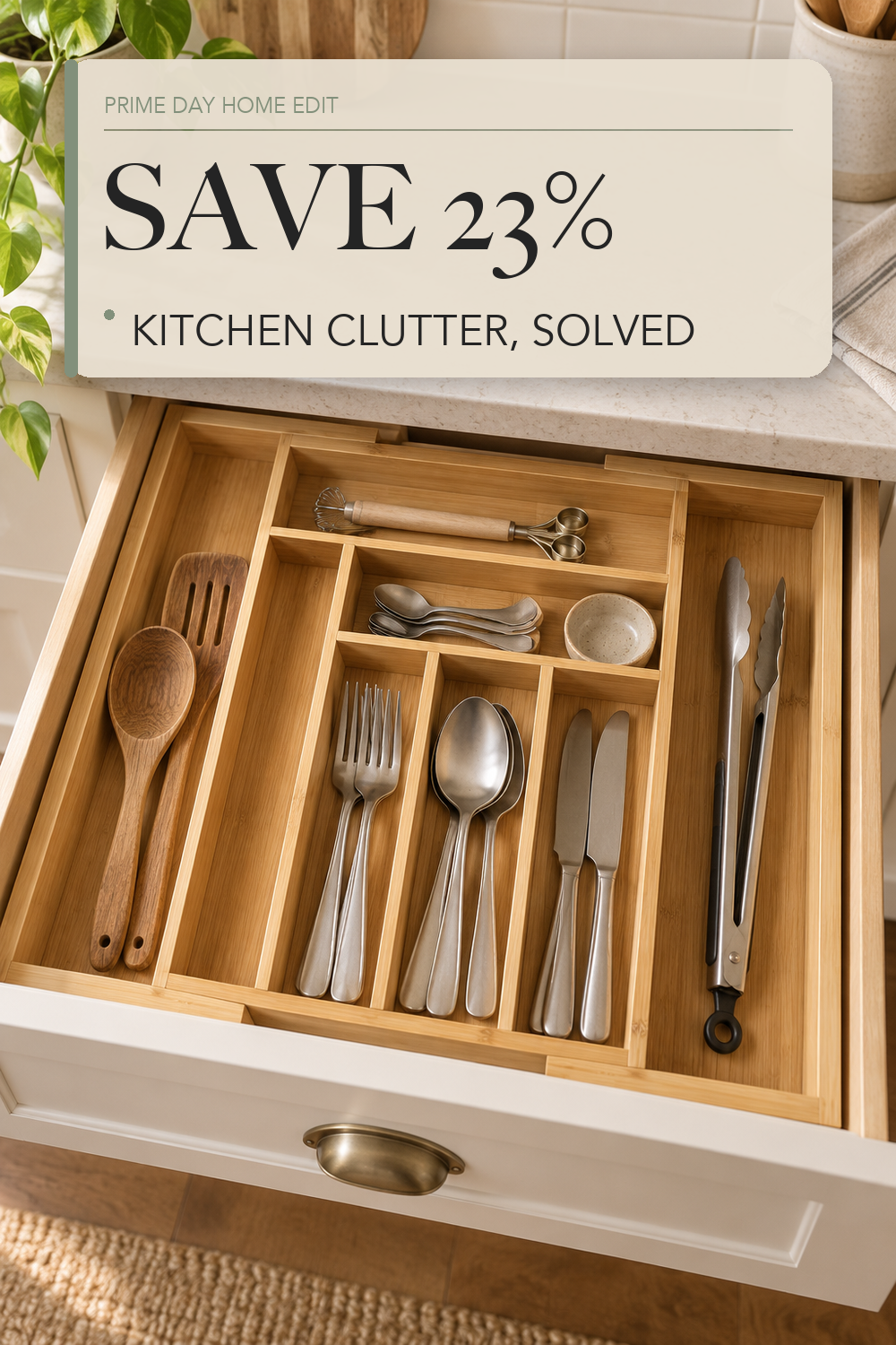 Pipishell Expandable Bamboo Silverware Organizer, Large Kitchen Drawer Tray; lifestyle styling illustration
