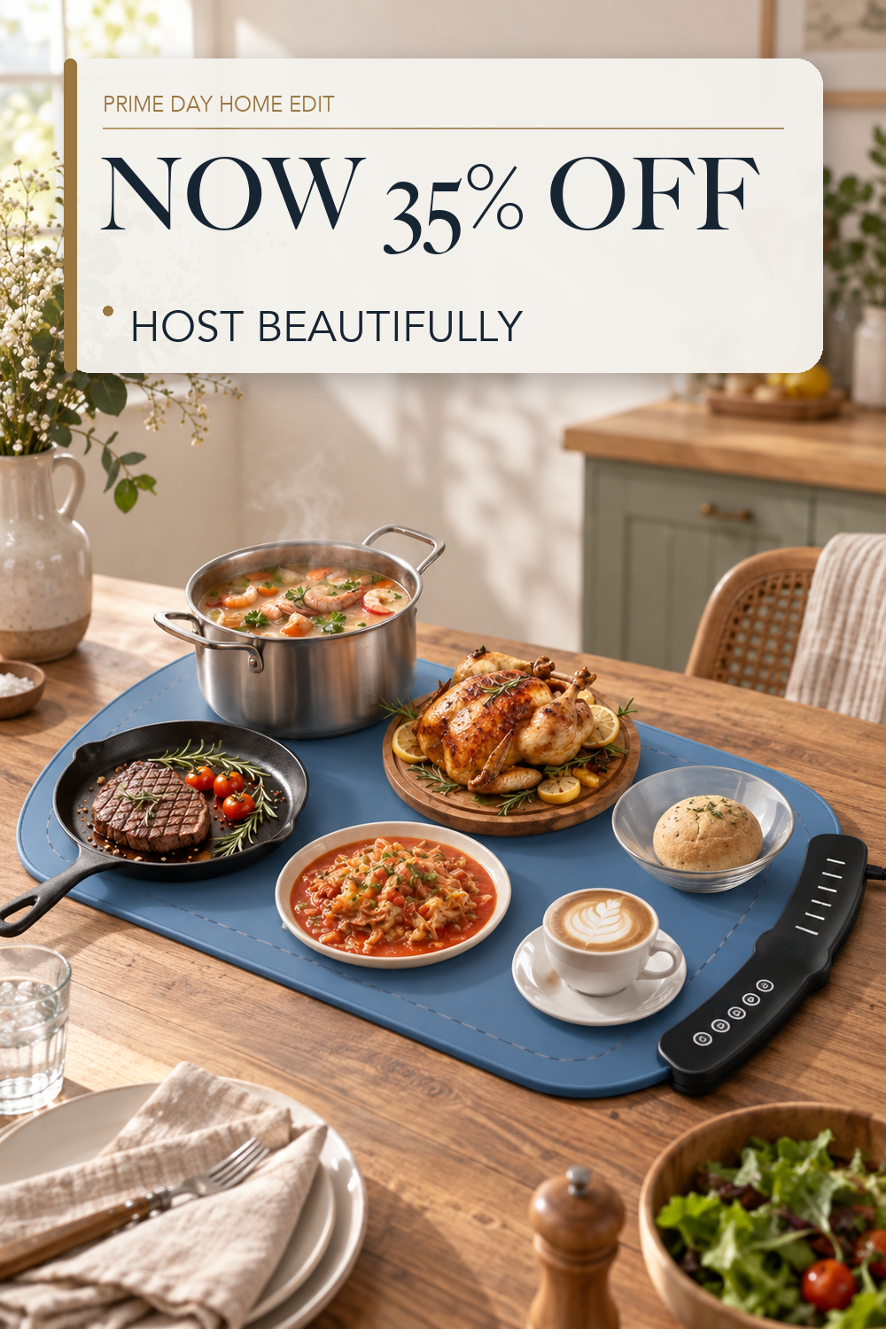 TASEVEN Food Warming Mat,7 Temp,4H Timer,Roll Heat Pad,Thermochromic Line; lifestyle styling illustration