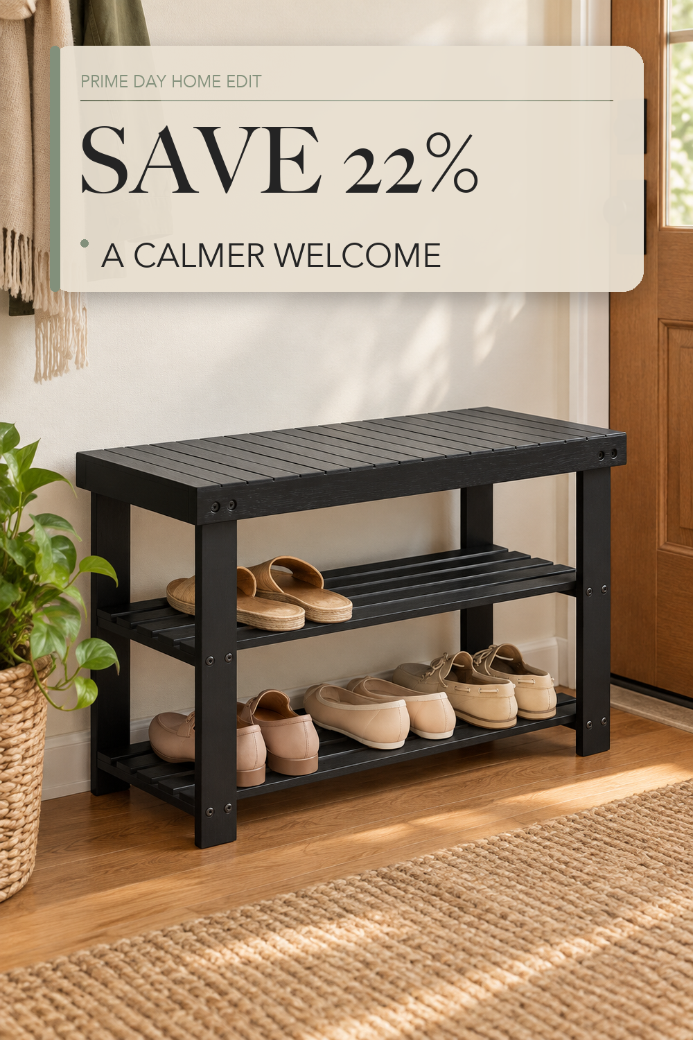 SONGMICS Shoe Rack Bench, 3-Tier Bamboo Entryway Bench, 27.6 Inches Width; lifestyle styling illustration