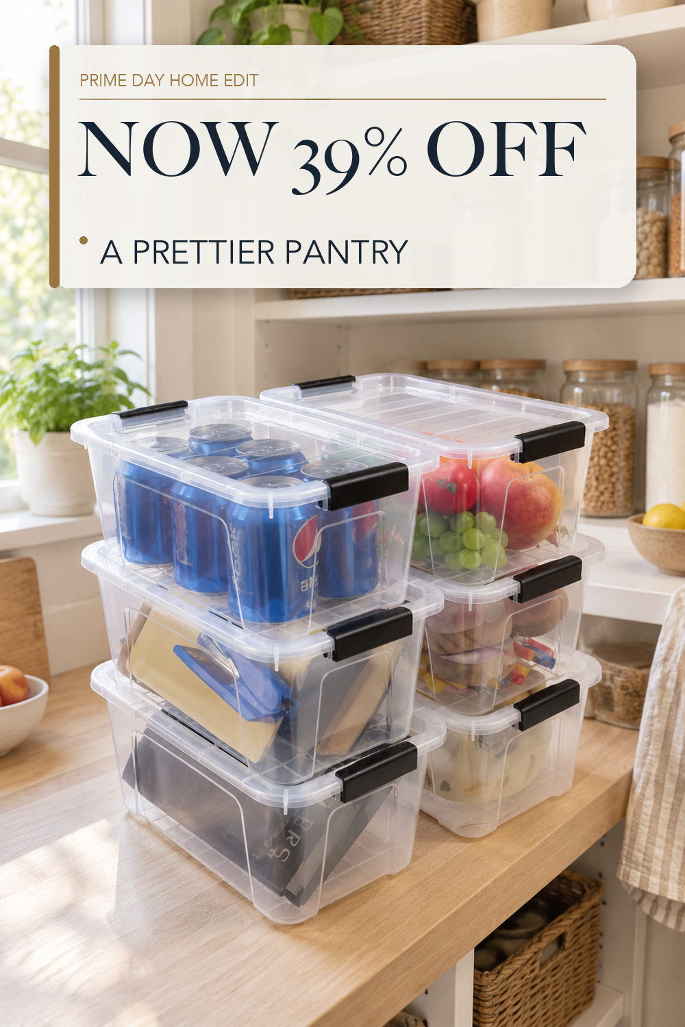 EOENVIVS Plastic Storage Bins with Lids 6 Pack, 6.7 Quart Storage Containers With Black Buckle Latch, Stackable Storage Organizers for Home Pantry Office Classroom Organization, Clear; lifestyle styling illustration