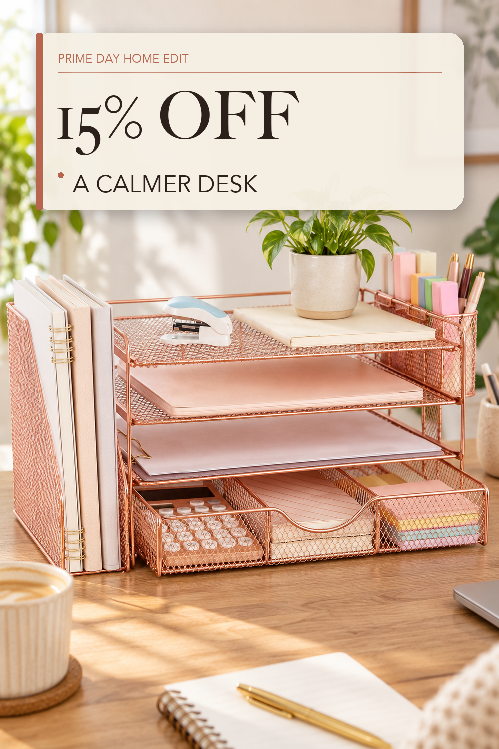 gianotter Desk Organizers and Accessories with File Holder, 4-Tier Desk Accessories & Workspace Organizers with Drawer and 2 Pen Holder, Paper Organizer for Office Supplies (Rose Gold); lifestyle styling illustration