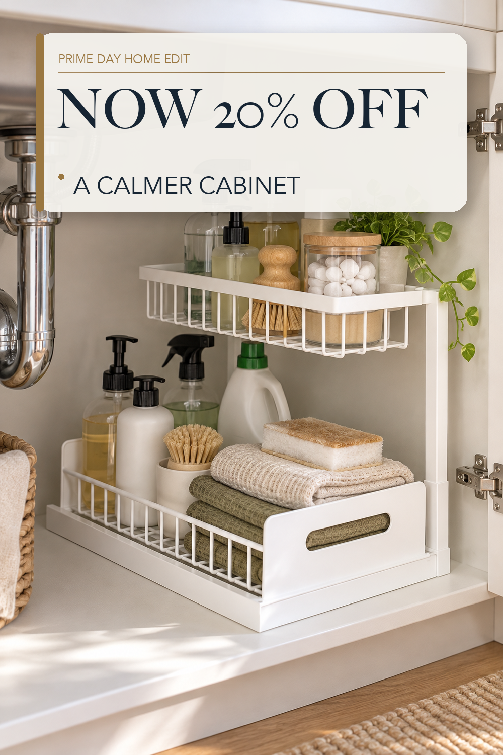 REALINN Under Sink Organizer, L-Shaped 2 Tier Pull Out Cabinet Organizer; lifestyle styling illustration