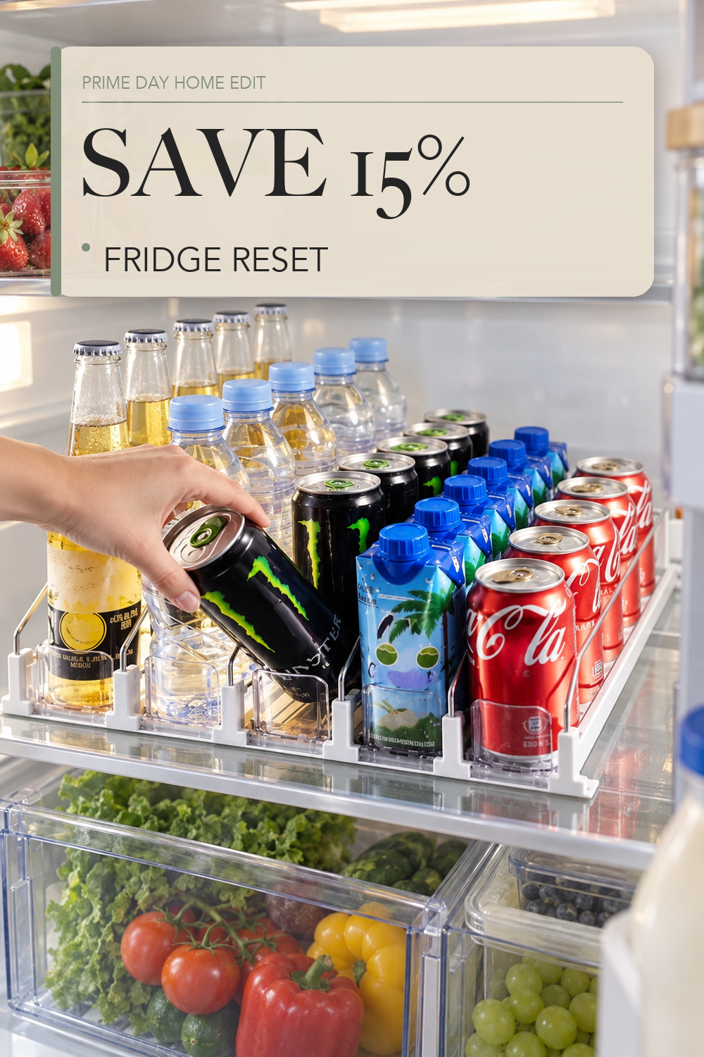 Coanto Drink Organizer for Fridge, Soda Can Organizer for Refrigerator with Automatic Pusher Glide, Adjustable Width Drink Dispenser for Fridge, Holds up to 25 Cans or Bottles, 5 Row; lifestyle styling illustration
