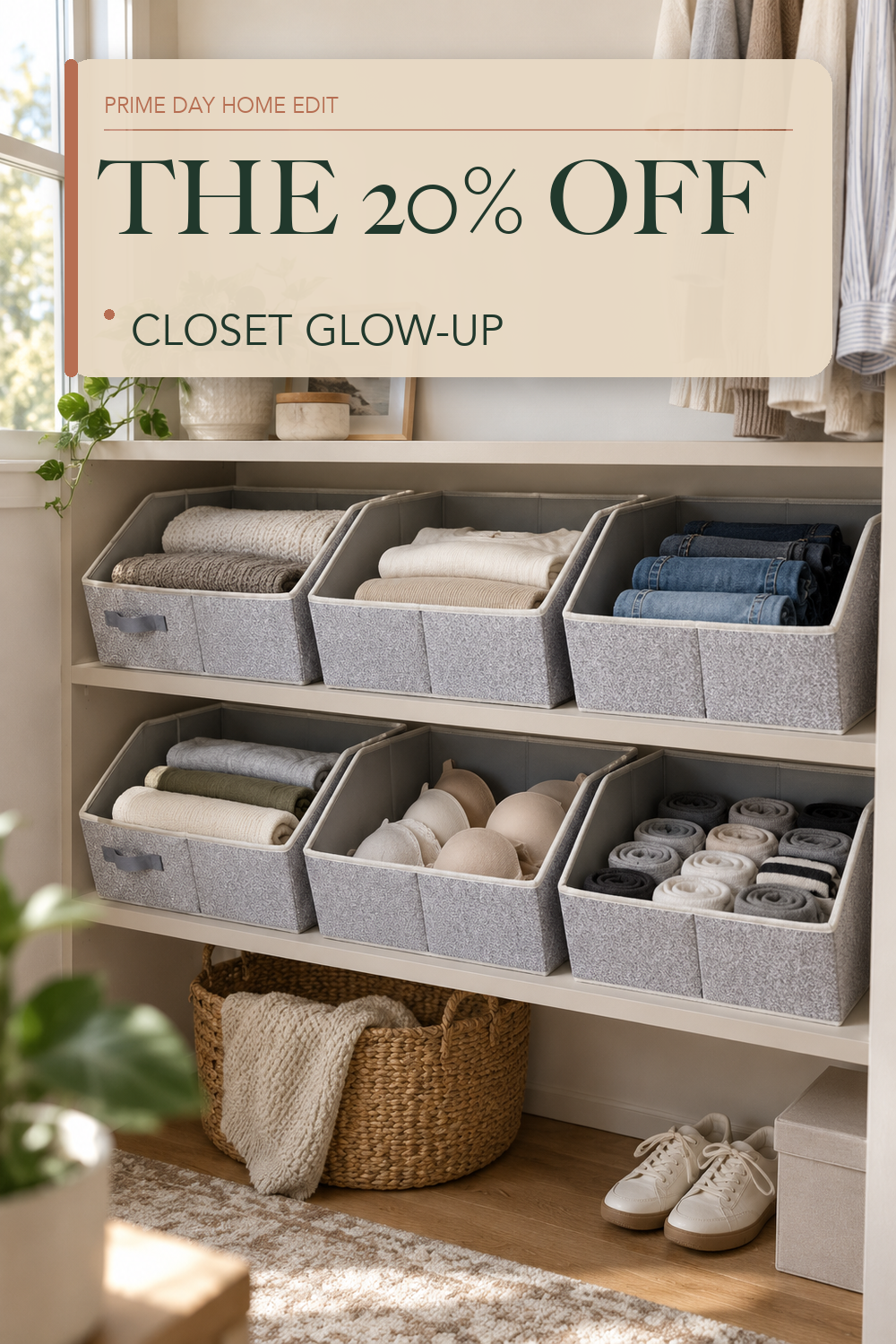 Homsorout Closet Organizers Bins 6 Packs - Large Closet Shelf Organizer with Handles, Fabric Trapezoid Storage Bins, Collapsible Storage Cubes for Clothes, Towels, Light Gray; lifestyle styling illustration