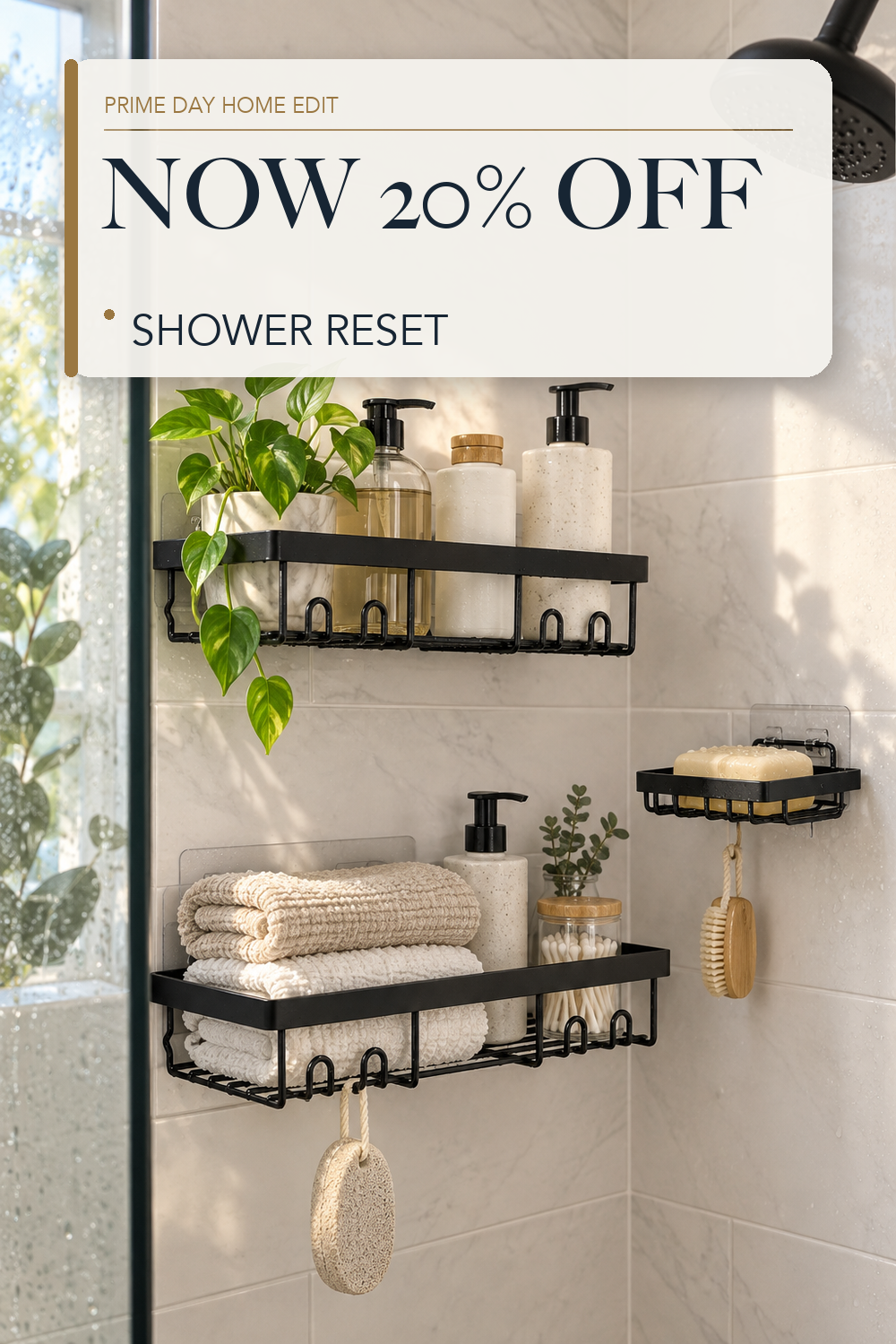 Moforoco 3-Pack Shower Caddy Basket Shelf with Soap Holder, No Drilling Traceless Adhesive Shower Wall Shelves, Rustproof Black Bathroom Shower Storage Organizer; lifestyle styling illustration
