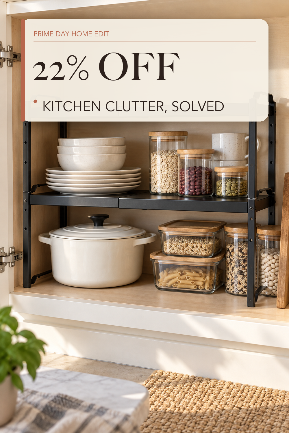 Expandable Cabinet Shelf Organizer, Adjustable kitchen Countertop Storage; lifestyle styling illustration