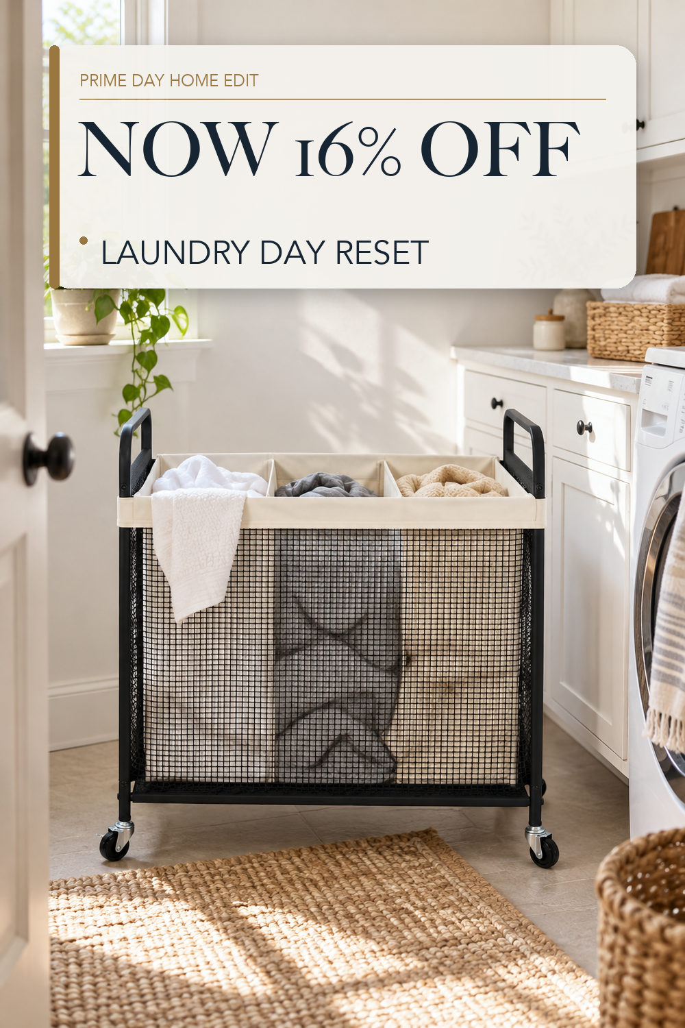 STO STO Laundry Hamper 3 Section, 120L Rolling Laundry Sorter Cart with Removable and Washable Liner Bag, Clothes Hamper with Wheels and Metal Handle for Laundry Room and Bedroom; lifestyle styling illustration
