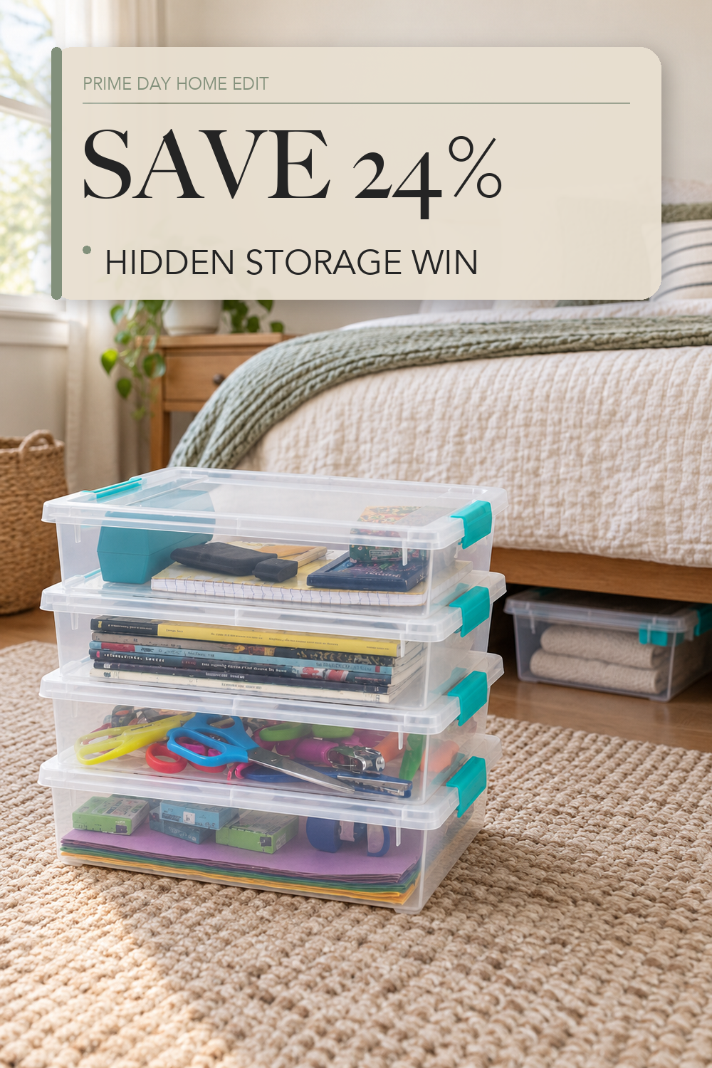 IRIS USA Storage Bins with Lids |Made in USA| 6 Qt - (4-Pack) - Clear; lifestyle styling illustration