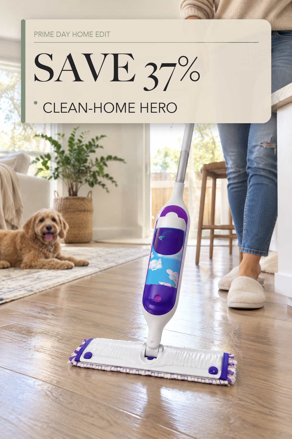 Swiffer PowerMop Mopping Kit for Floor Cleaning, Set Includes 1 Power Mop, 2 Replacement Pads, 1 Liquid Solution Refill, 2 Batteries, No Bucket Needed Electric Spray Cleaner, Multi-Surface and Wood; lifestyle styling illustration
