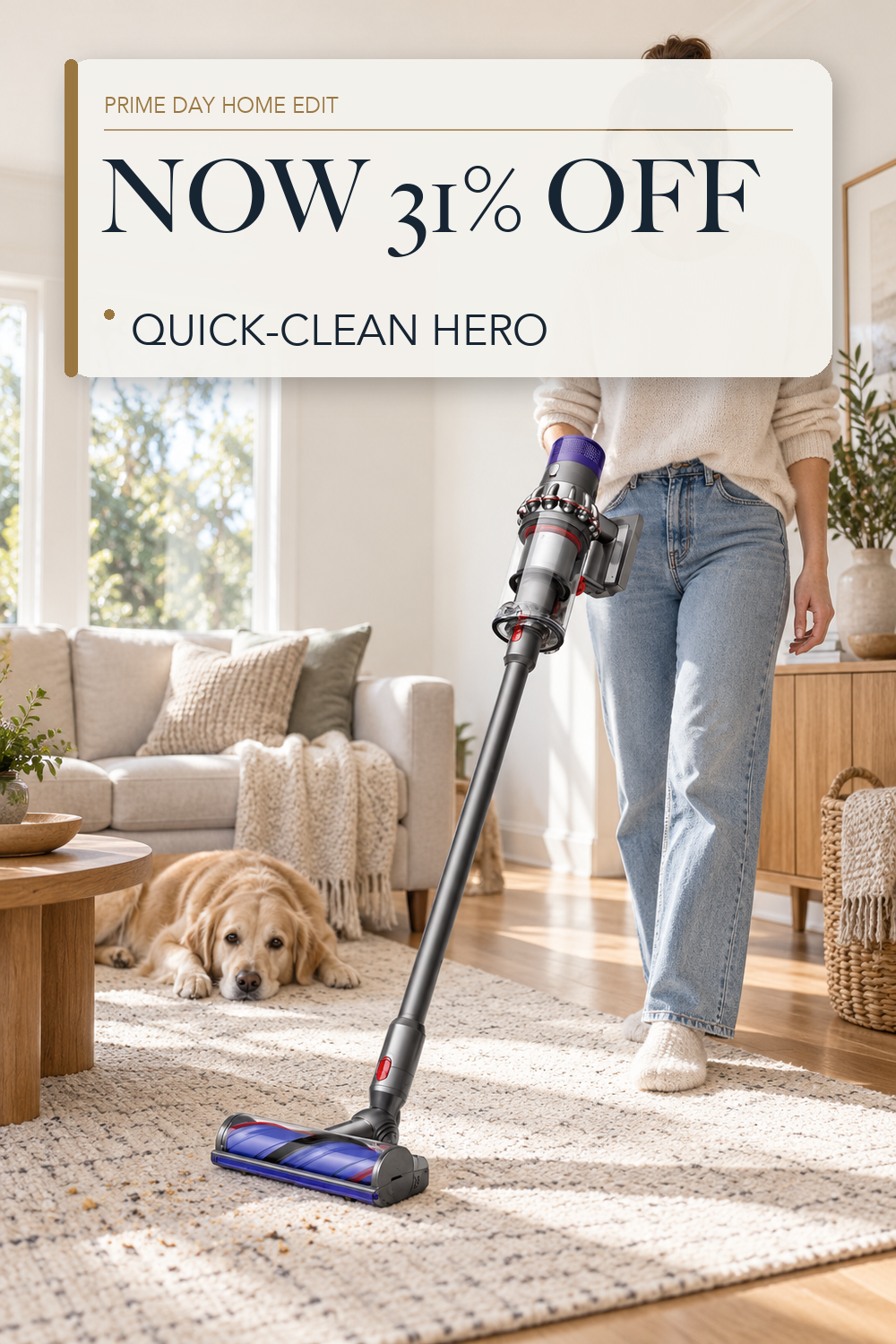 Dyson Cyclone V10 Origin Cordless Vacuum; lifestyle styling illustration