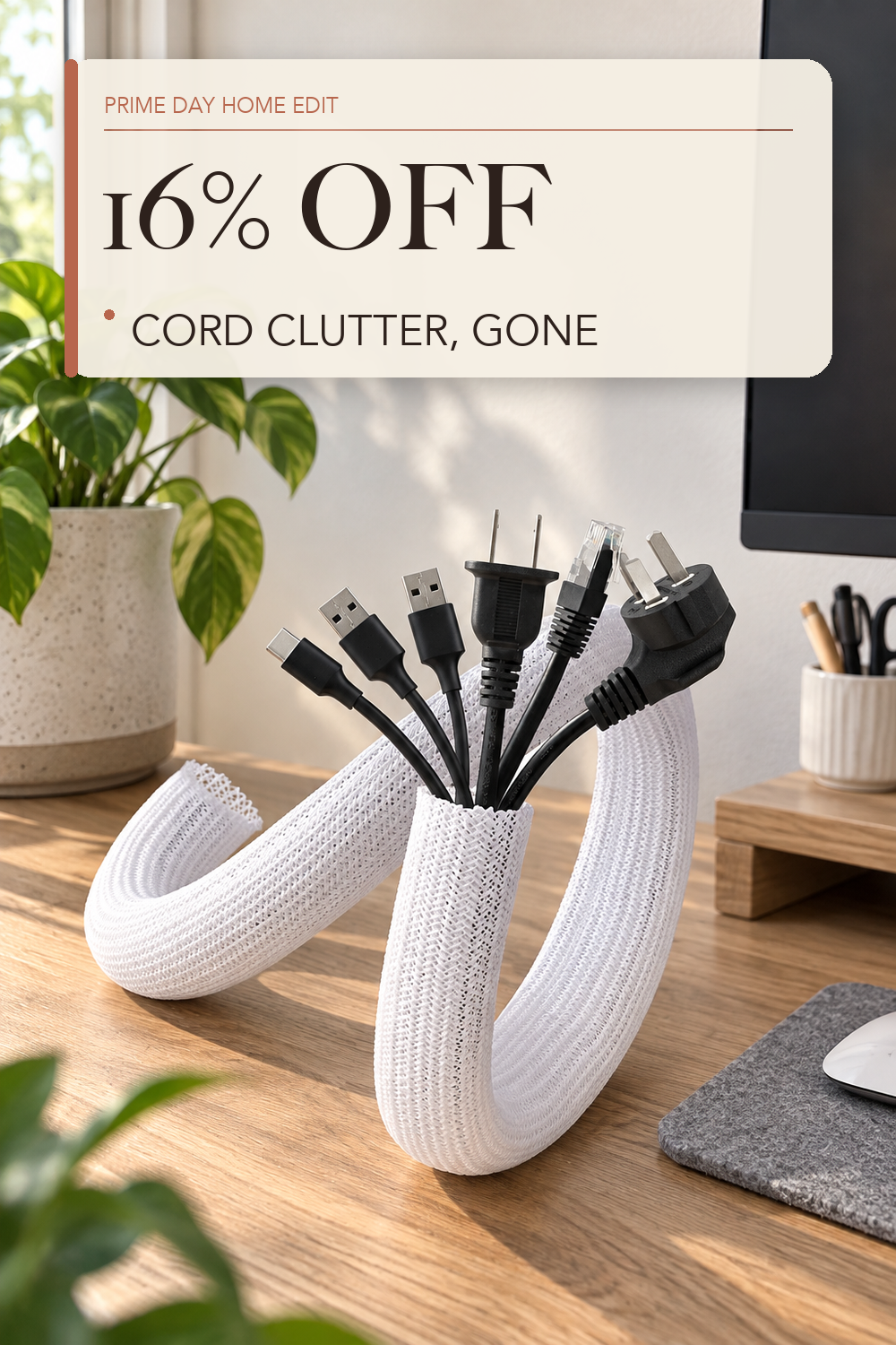 AGPTEK White Cable Management Sleeve, 2 Pack 5ft - 1.2 inch Cord Hider; lifestyle styling illustration