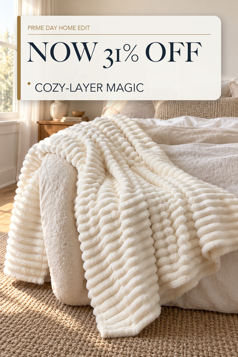BEDELITE Ribbed Fleece Throw Blanket for Couch, Cream, 50"x60"; lifestyle styling illustration