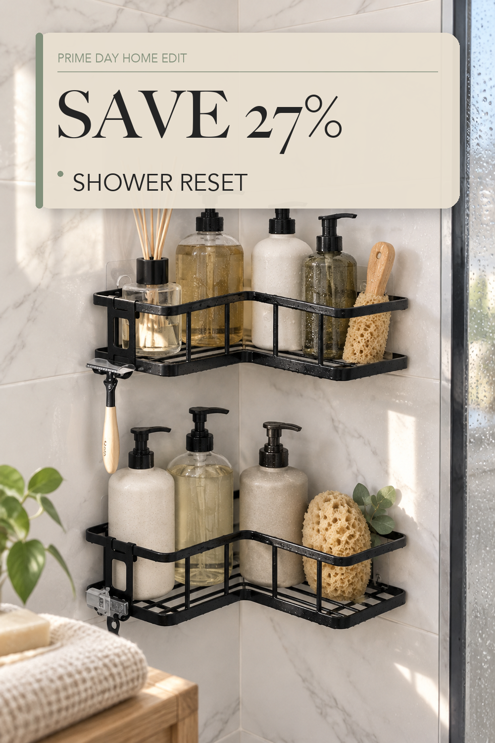 YASONIC Corner Shower Caddy Adhesive, 100% Rustproof Shower Organizer, No Drill Shower Shelf for Inside Shower, Wall-Mounted Shower Storage for Homes (2 Pack, Black); lifestyle styling illustration
