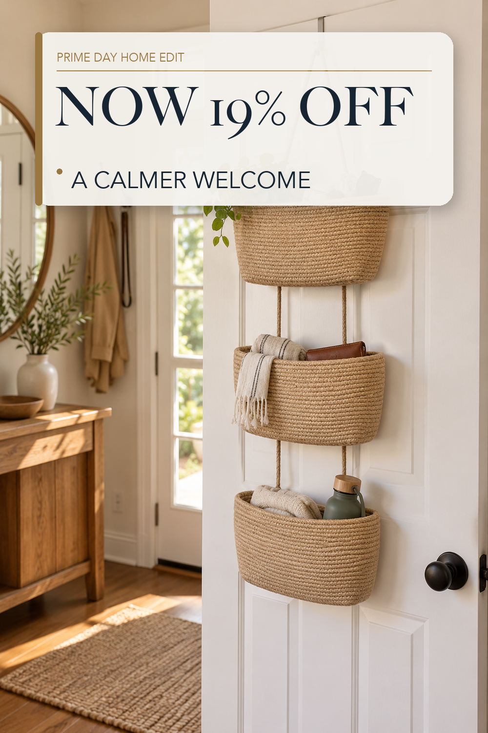 TeoKJ Over the Door Hanging Storage Basket Woven 3 Tier Wall Organizer Jute; lifestyle styling illustration