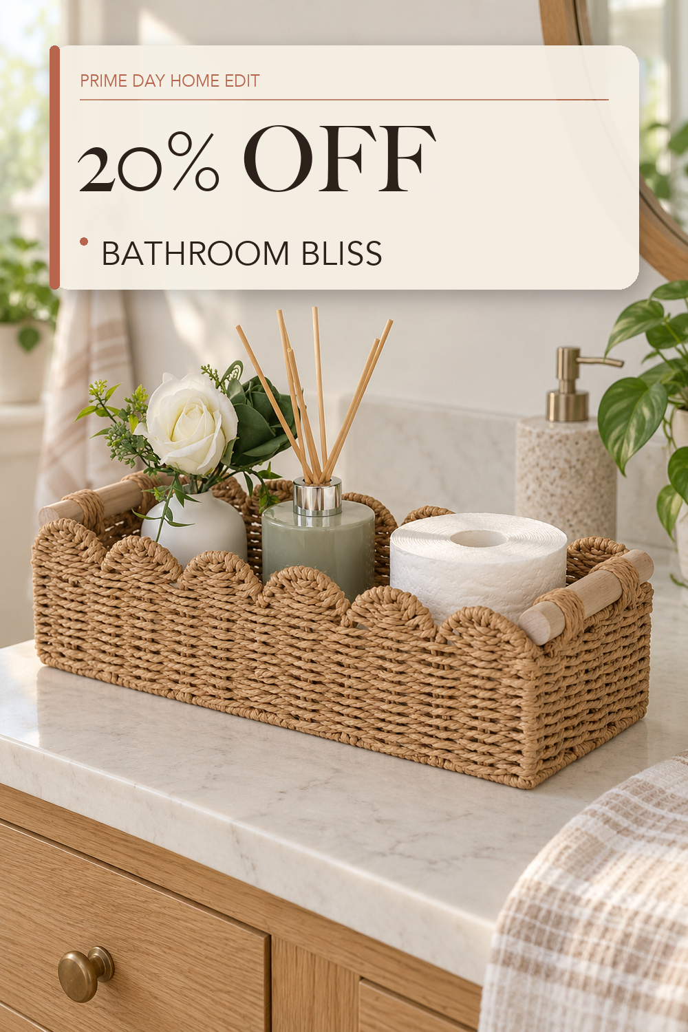 CubesLand Scalloped Toilet Paper Storage Basket W/Handle for Home Decor; lifestyle styling illustration