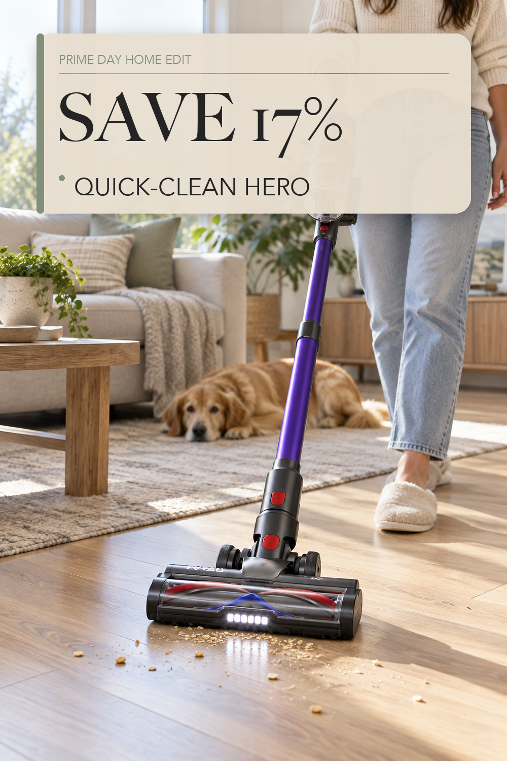 TVTAU Cordless Vacuum Cleaner, Self-Standing 620W 55KPA 75Min Runtime Stick Vacuum for Home, 1.8L Dust Cup, LED Display, Anti-Tangle, 8-Stage Filtration, for Hardwood Floor Carpet Pet Hair; lifestyle styling illustration