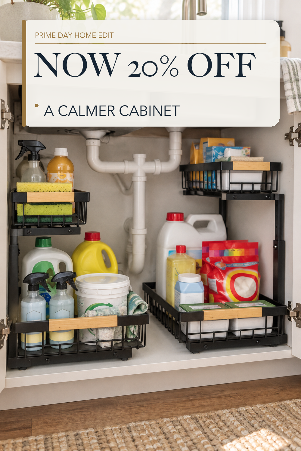 Kitstorack Under Sink Organizer, 2 Tier Under the Sink Storage, Slide out Pull out Cabinet Organizer Shelf, Metal Sliding Drawer for Kitchen Bathroom Pantry Closet Organization Rack, Black, 2 Pack; lifestyle styling illustration