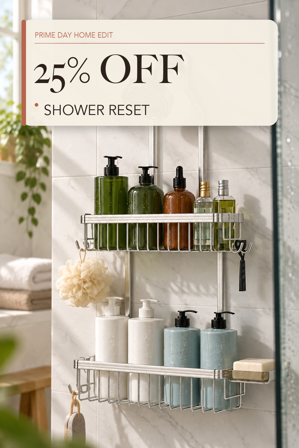 YASONIC Never Rust Shower Caddy Hanging, Aluminum Shower Racks for Inside Shower, 2-Tier Shower Organizer Hanging Over Shower Head with Hooks and Soap Holder, Silver; lifestyle styling illustration