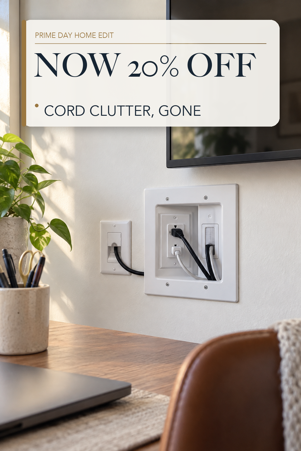 ECHOGEAR TV Cord Hider for Wall Mounted TV – Dual Outlet in-Wall Cable Management Kit for Power & Low Voltage Cables – Includes 6.25”L x 8”H x 3.95”D Module, Wall Template, Saw, 6ft Extension Cord; lifestyle styling illustration