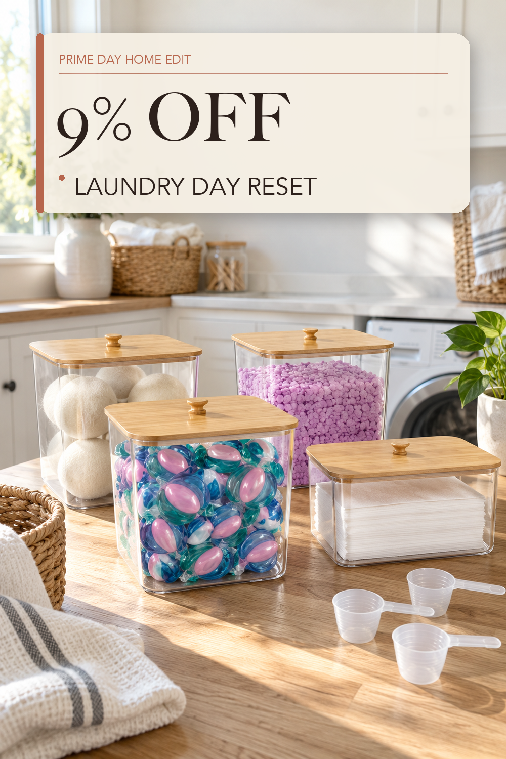 HomePekite Laundry Pods Storage Container, Clear Acrylic Laundry Room Organization and Storage ,Detergent Powder Container,with Wooden Lids & Labels, 3+1 Pack; lifestyle styling illustration