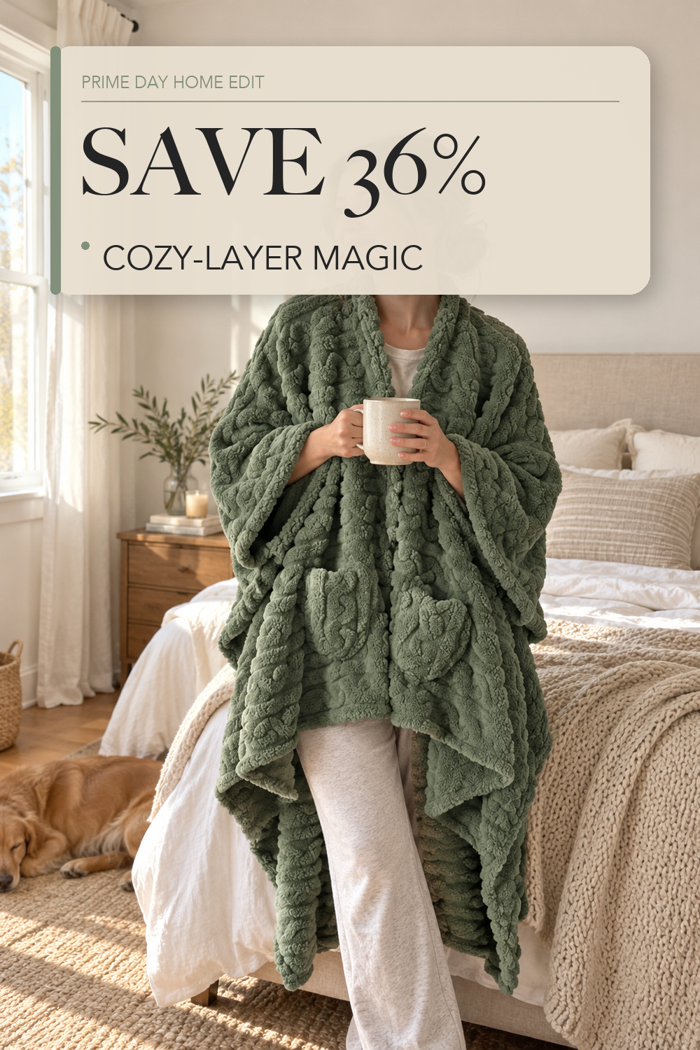 Mowkim Wearable Blanket Sherpa Fleece Shawl Blanket with Pockets for Adults Women and Men, Cozy Shawl TV Throw Blankets (Green, 58'' x 64''); lifestyle styling illustration