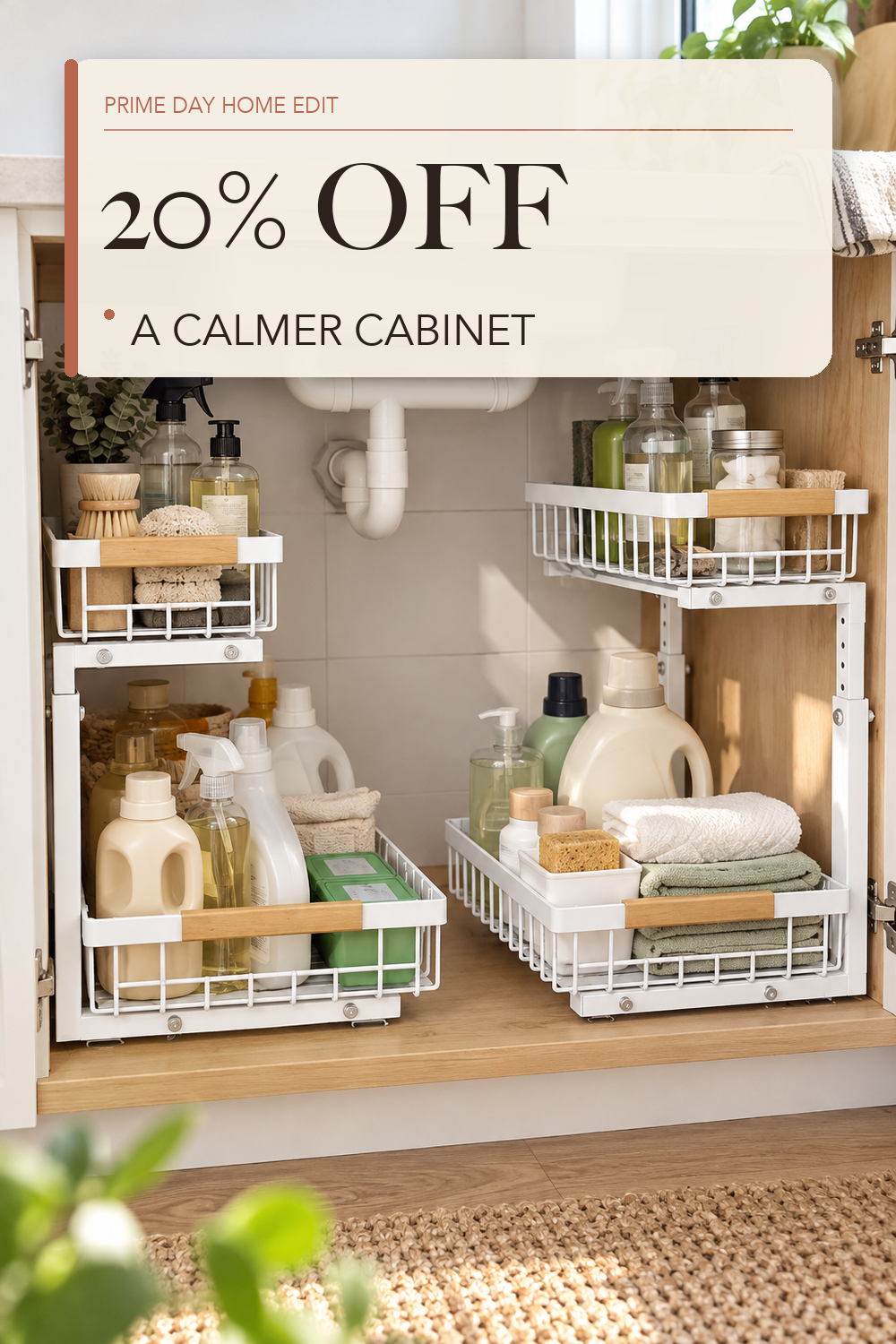 PXRACK Under Sink Organizer, Adjustable Height, 2 Tier Pull Out Under Cabinet Organizer, Slide Out Thickened Metal Under Sink Storage for Kitchen Bathroom Laundry Pantry Cabinet, White, Large-2-Pack; lifestyle styling illustration
