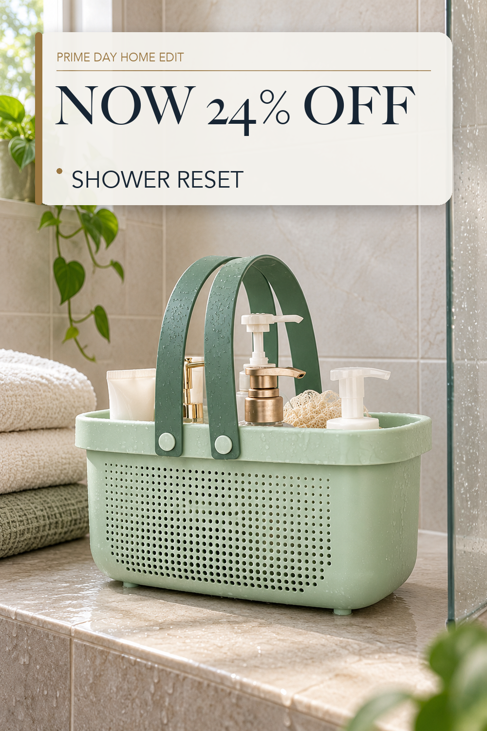 JiatuA Plastic Storage Basket with Handle Portable Shower Caddy Tote Organizer Basket Bin for Bathroom Kitchen Dorm Room Bedroom, Green; lifestyle styling illustration