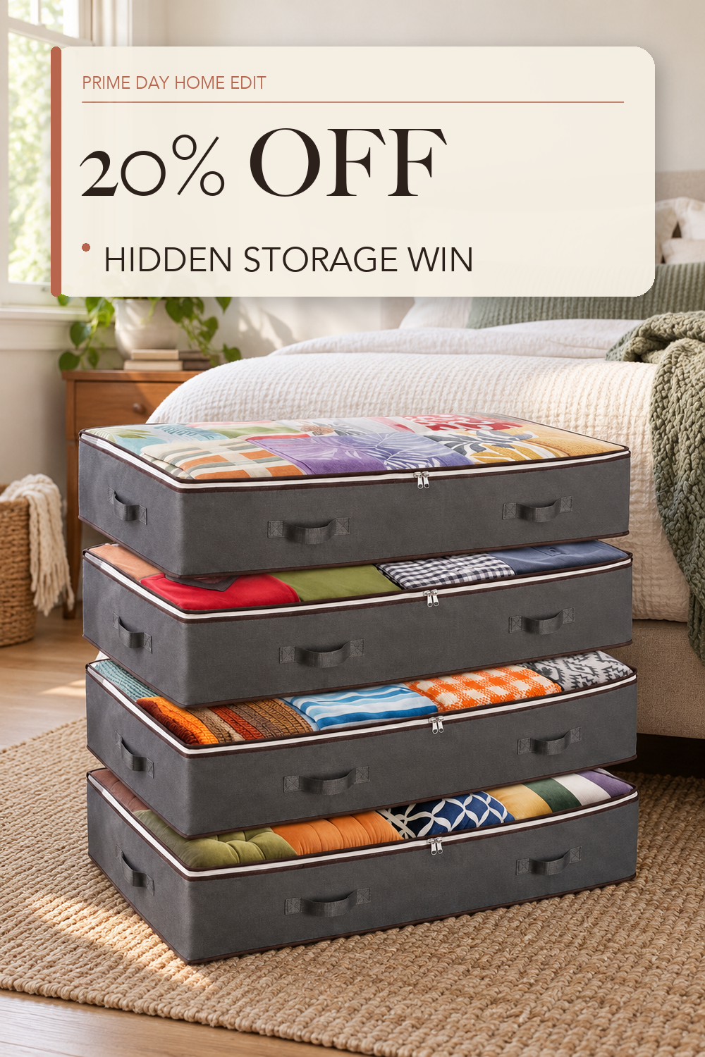 ZOBER Under Bed Storage Bags, Underbed Storage Containers, Gray, 90L 4-Pack; lifestyle styling illustration