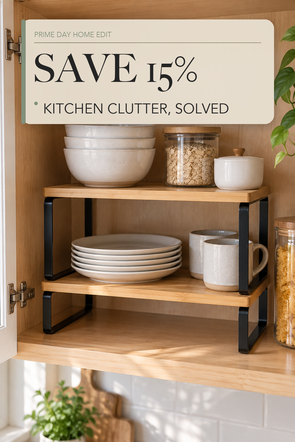 Simple Trending Bamboo Cabinet Organizer Shelf, Set of 2 Kitchen Counter Shelves, Stackable Expandable Spice Rack Kitchen Storage, Black and Natural Beige; lifestyle styling illustration