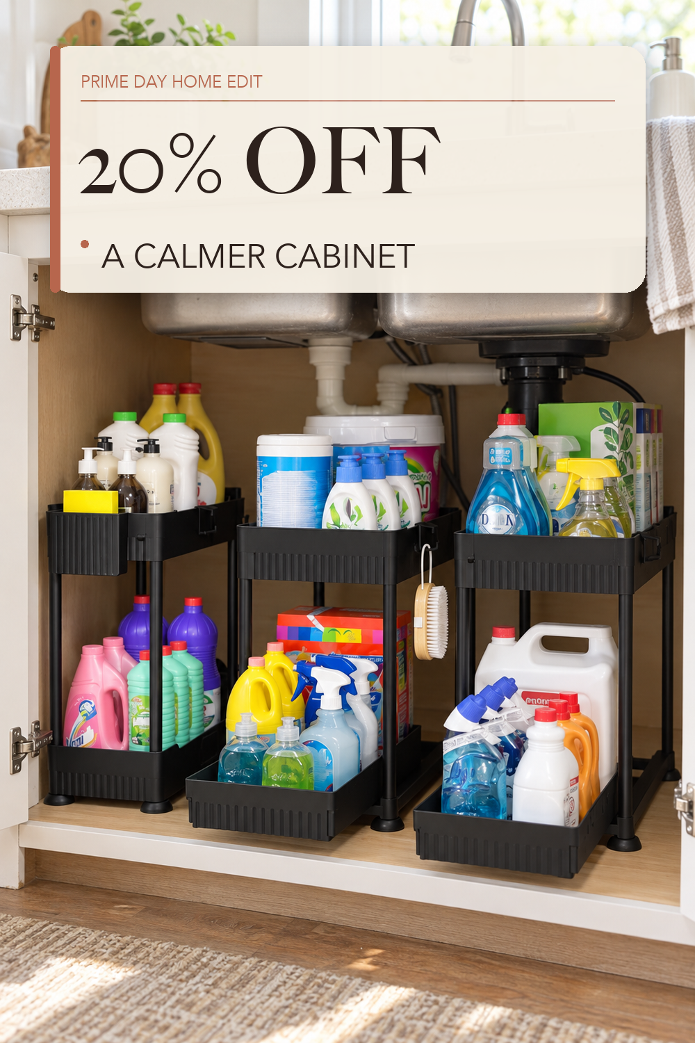 Sevenblue 3-Pack 2-Tier Under Sink Organizers with Sliding Drawers; lifestyle styling illustration