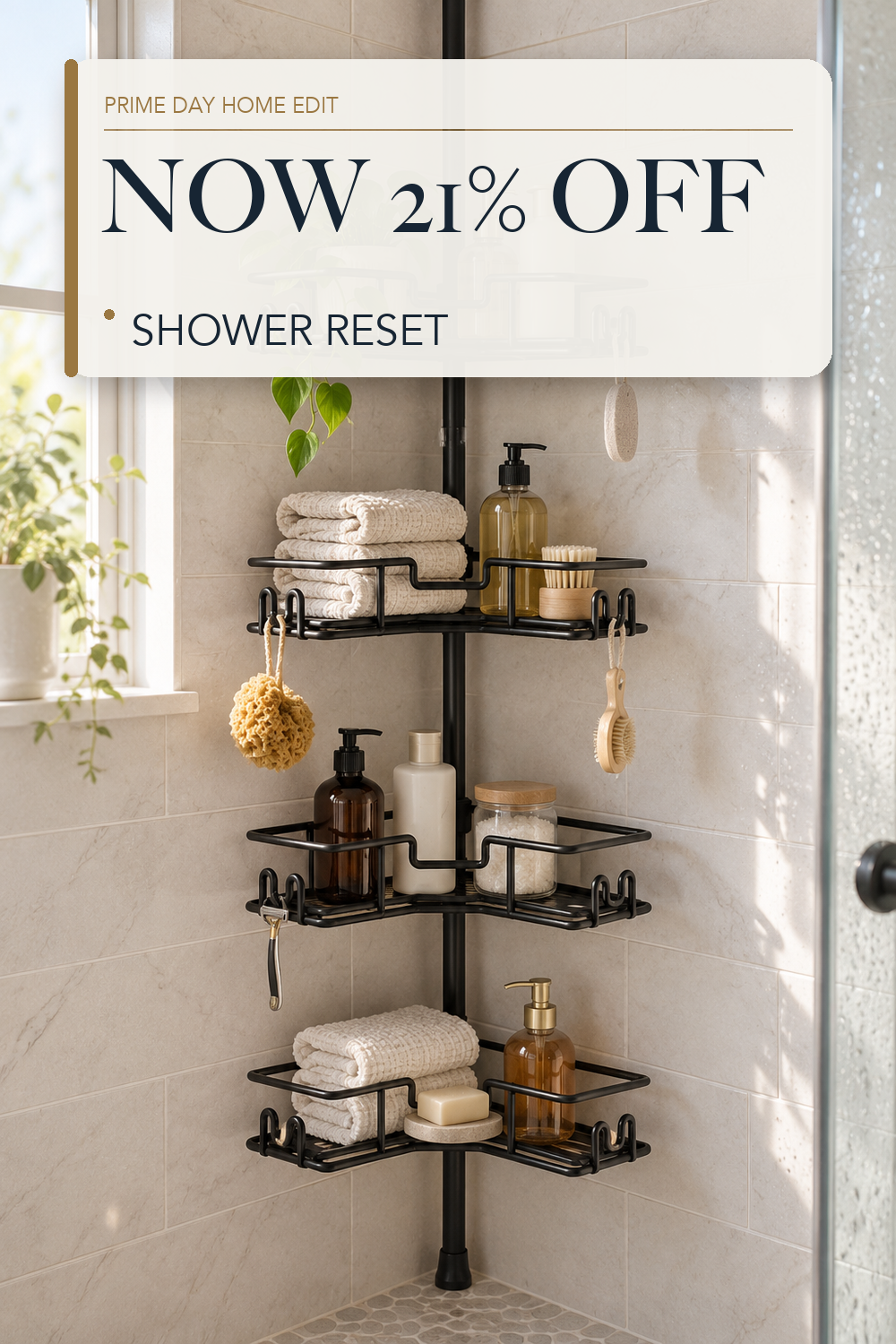 HAMITOR Shower Caddy Tension Pole: 4-Tier Adjustable Corner Shelf Black; lifestyle styling illustration