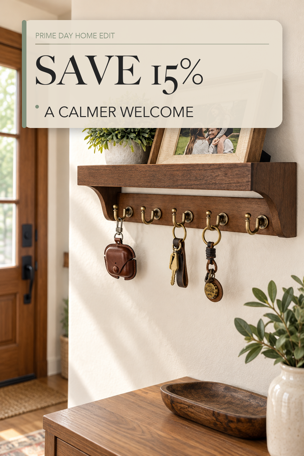 Rebee Vision Key Holder Wall Mount with 5 Hooks for Entryway, Retro Brown; lifestyle styling illustration
