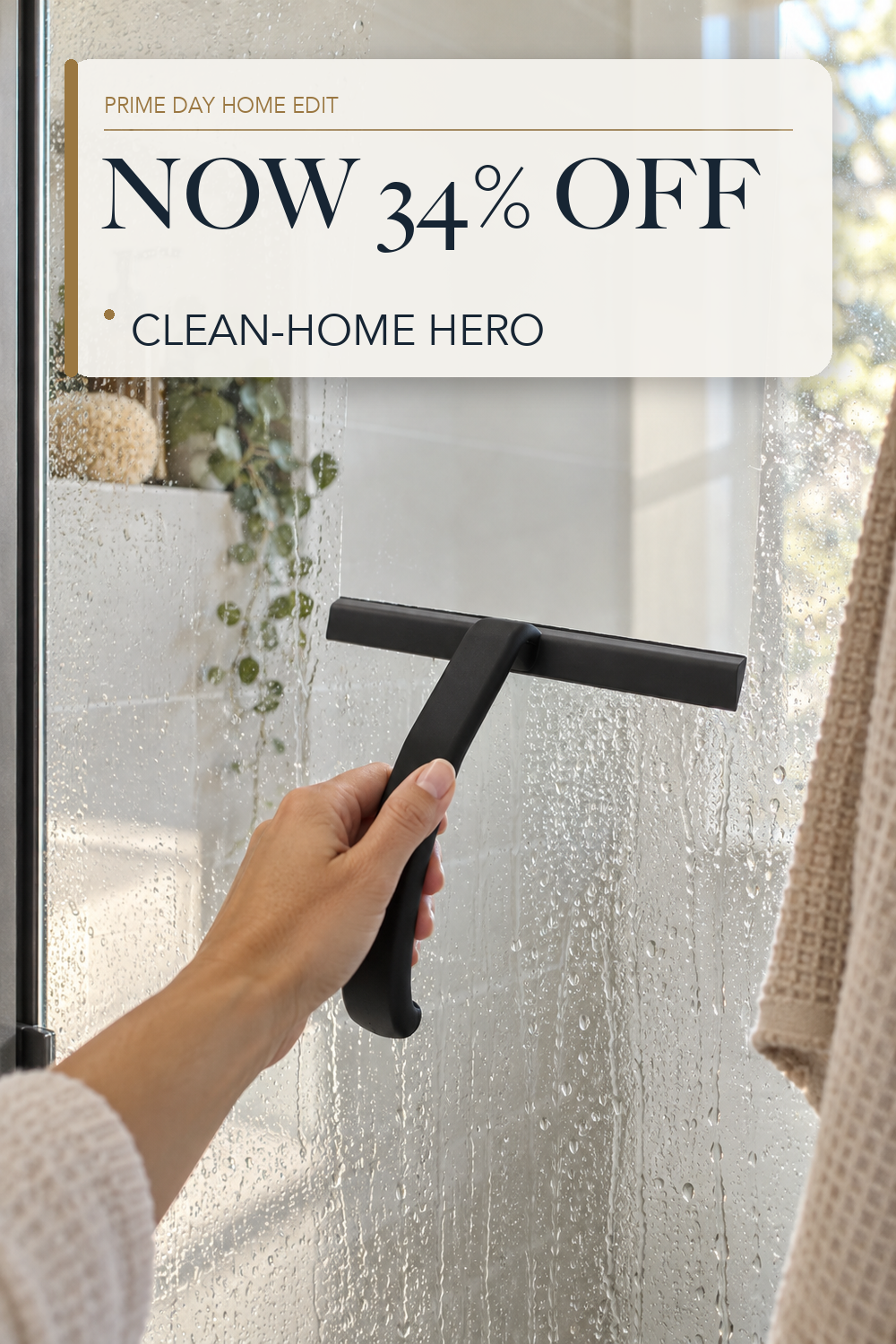 dancemoon JustHang Shower Squeegee with Built-in Hook, 10-Inch Black; lifestyle styling illustration