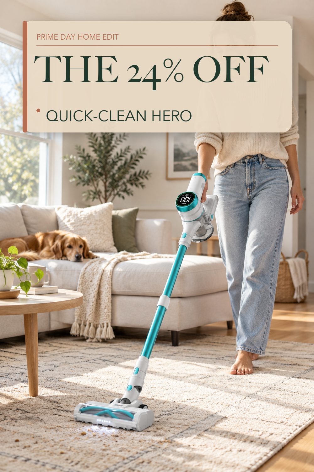 Tikom V500 Cordless Vacuum Cleaner for Home, 40000Pa/450W Stick Vacuum with LED Touch Screen, Charging Wall Dock, Anti-Tangle, Lightweight Handheld Vacuum for Pet Hair, Hard Floor, Carpet, Blue; lifestyle styling illustration