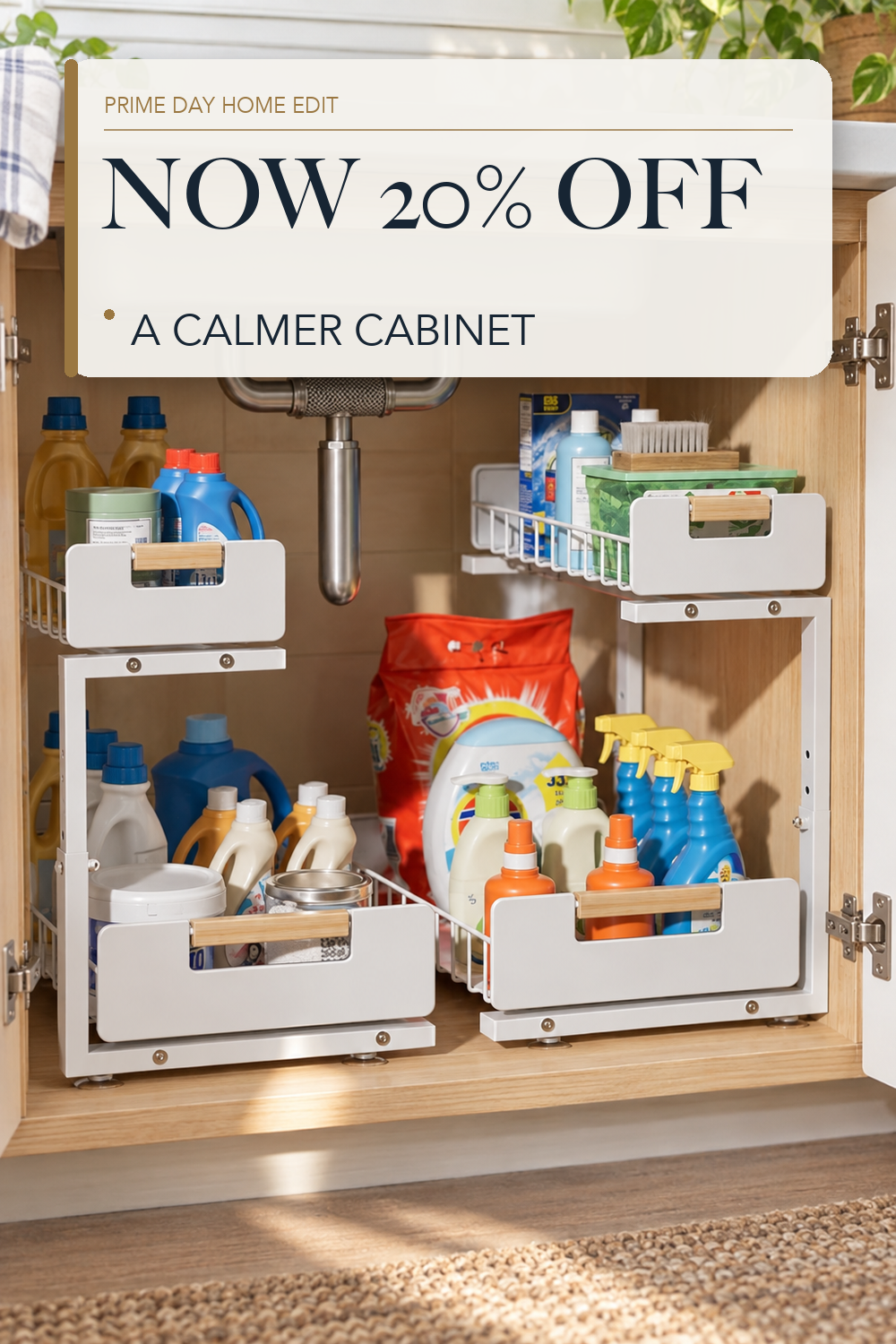 Delamu Under Sink Organizer Kitchen, 2-Tier Pull-Out Cabinet Shelf, 2-Pack; lifestyle styling illustration