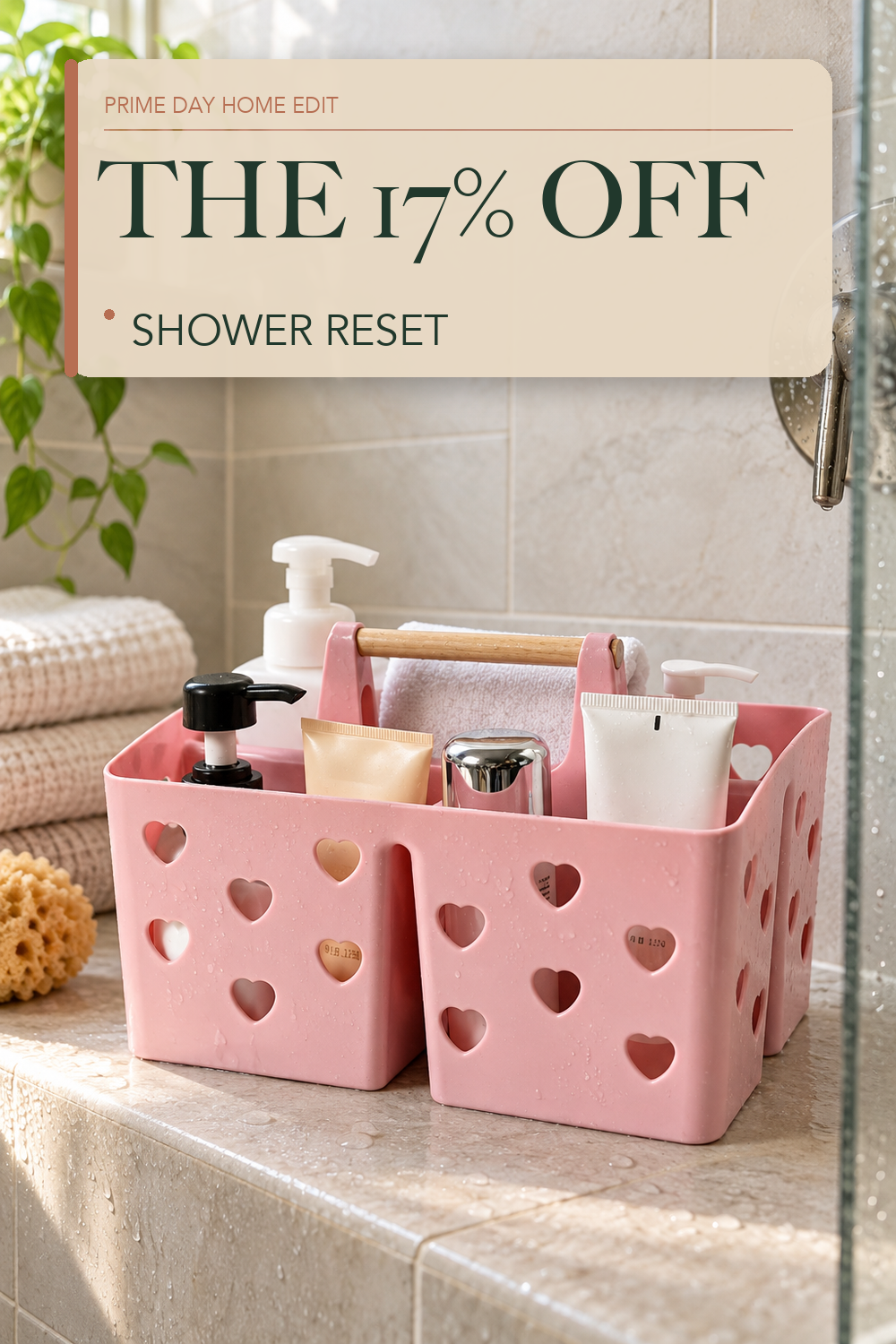 Portable Shower Caddy Plastic Shower Basket Organizer with Handle, Pink; lifestyle styling illustration