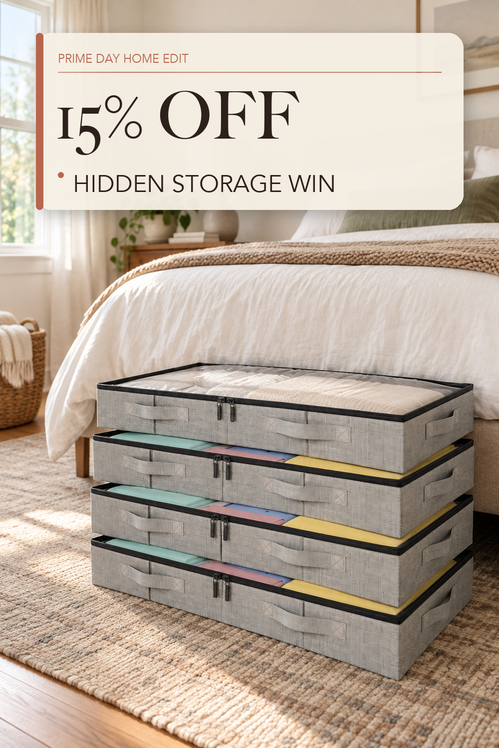 4.5 Inches Under Bed Storage Containers with Sturdy Sidewalls/Bottom and Reinforced Handles,Low Profile Underbed Storage for Clothes,Shoes,Pillows and Blankets with Zips and Clear Windows,4 Pack; lifestyle styling illustration