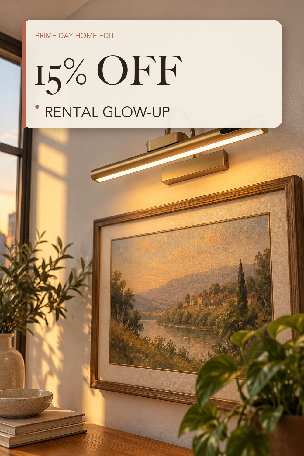 LYTARA Dimmable Cordless Picture Light with Controller and Timer, Rechargeable 5000mAh Battery Wall Sconce for Wall Pictures, Gallery Artwork, Paintings, Portraits, Dartboards (Gold); lifestyle styling illustration