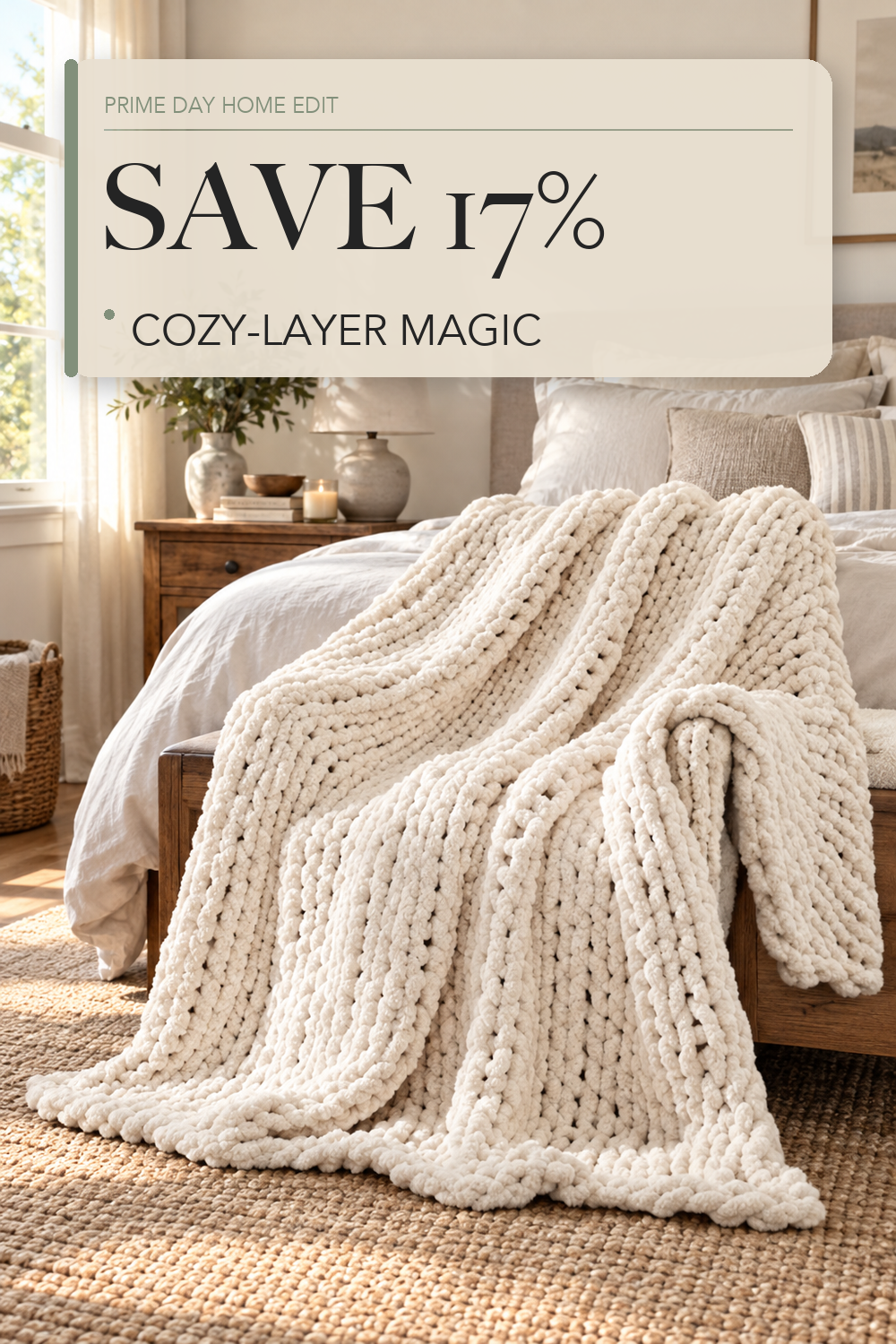 L'AGRATY Chunky Knit Throw Blanket for Couch, 50'' x 60'' Knit Throw, Ivory; lifestyle styling illustration