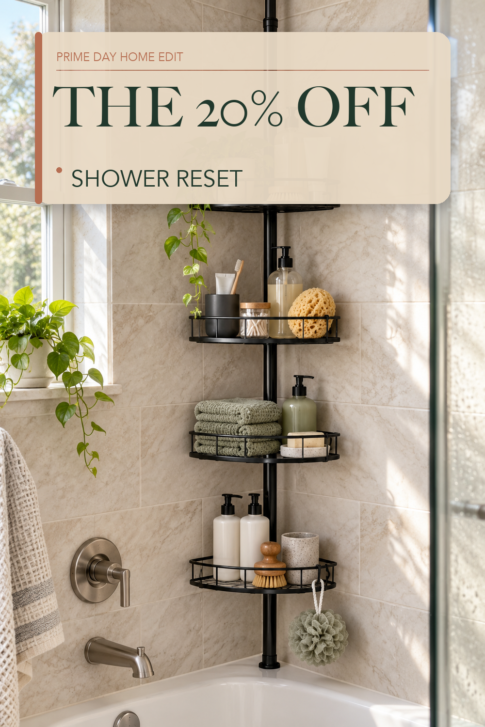 Adjustable Tension Pole Shower Caddy: Rustproof Corner Bathroom Organizer; lifestyle styling illustration