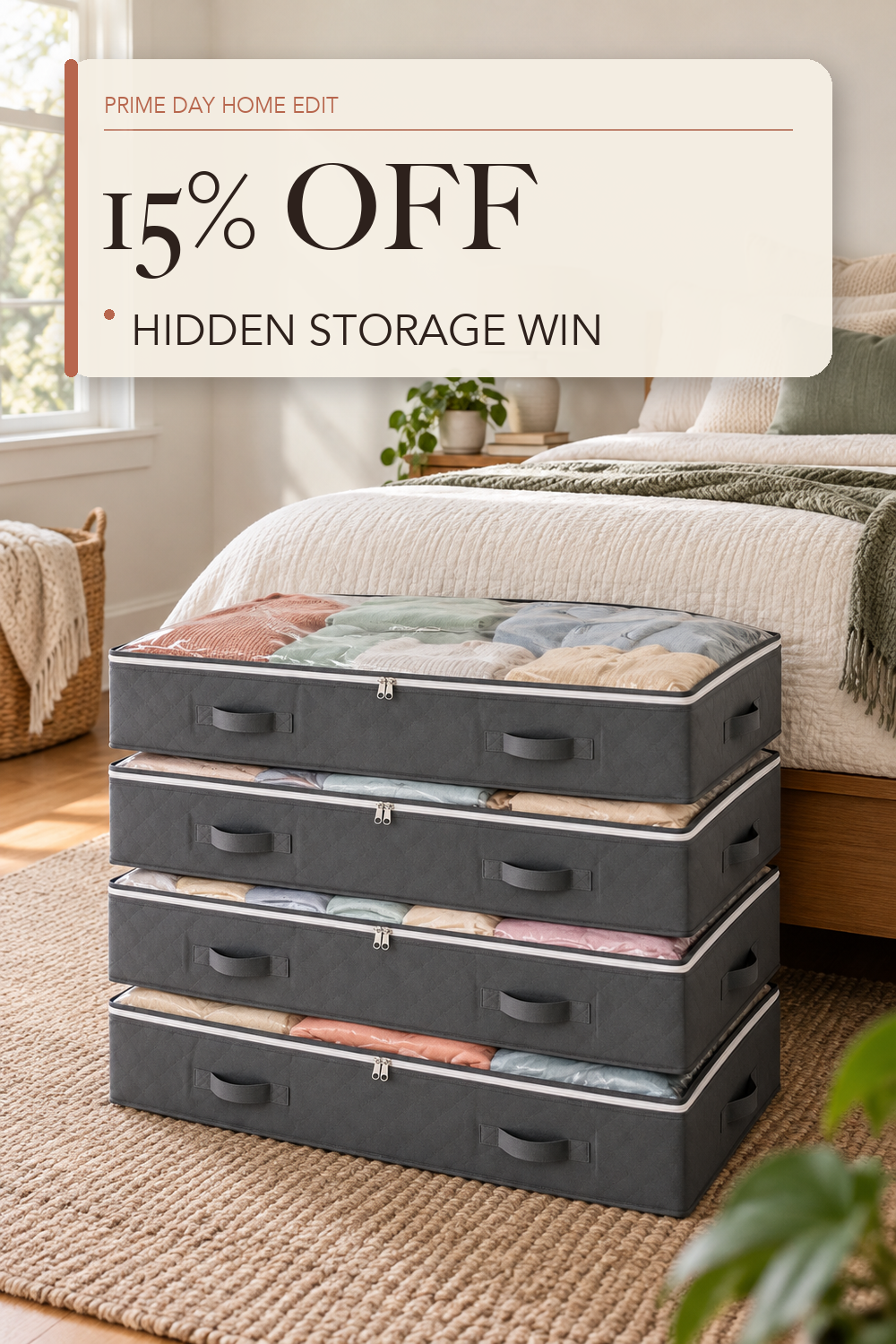 Budding Joy 95L Under Bed Storage Containers, 4 Pack Closet Organizers Grey; lifestyle styling illustration