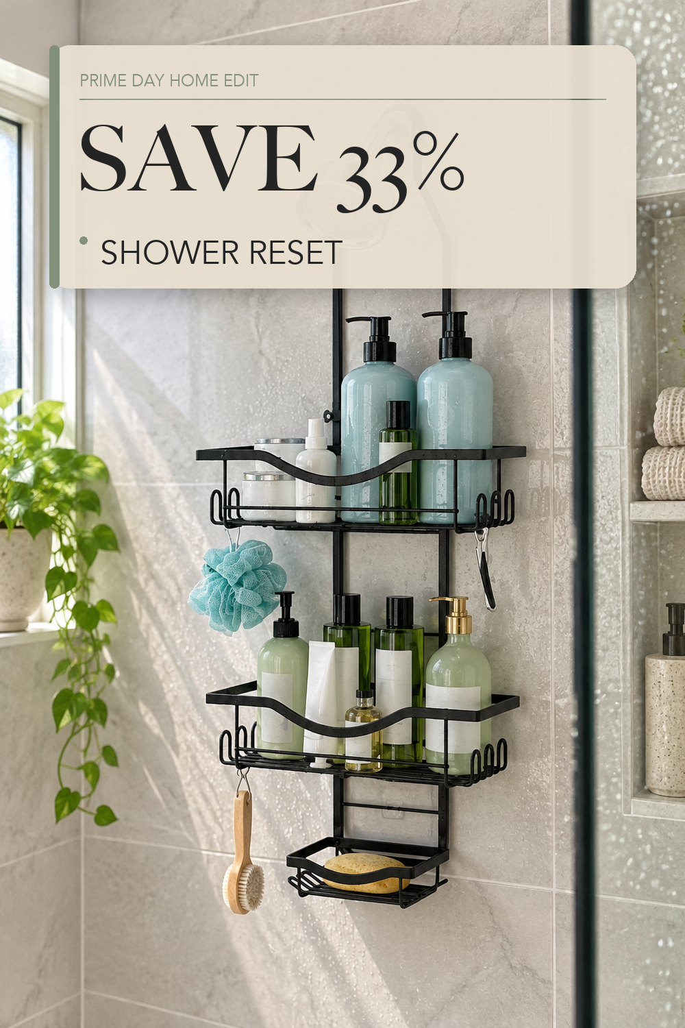 REINHARDT Adjustable Shower Caddy Hanging Rustproof Shower Organizer, Black; lifestyle styling illustration