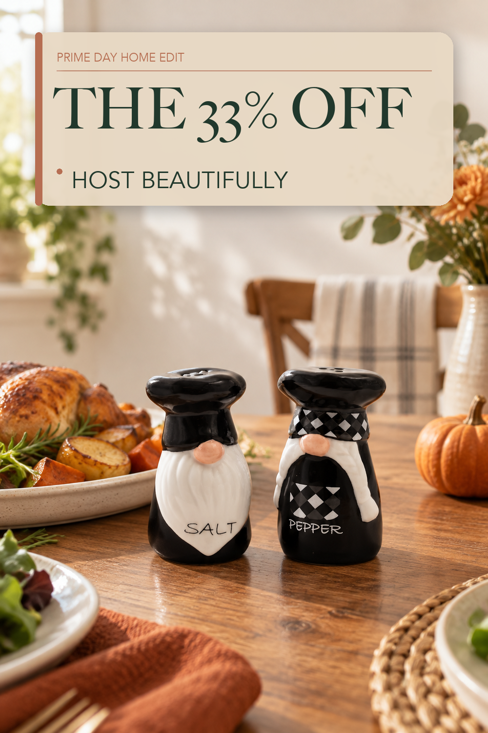 Gnome Salt and Pepper Shakers Autumn Ceramic Salt And Pepper Shakers Set; lifestyle styling illustration