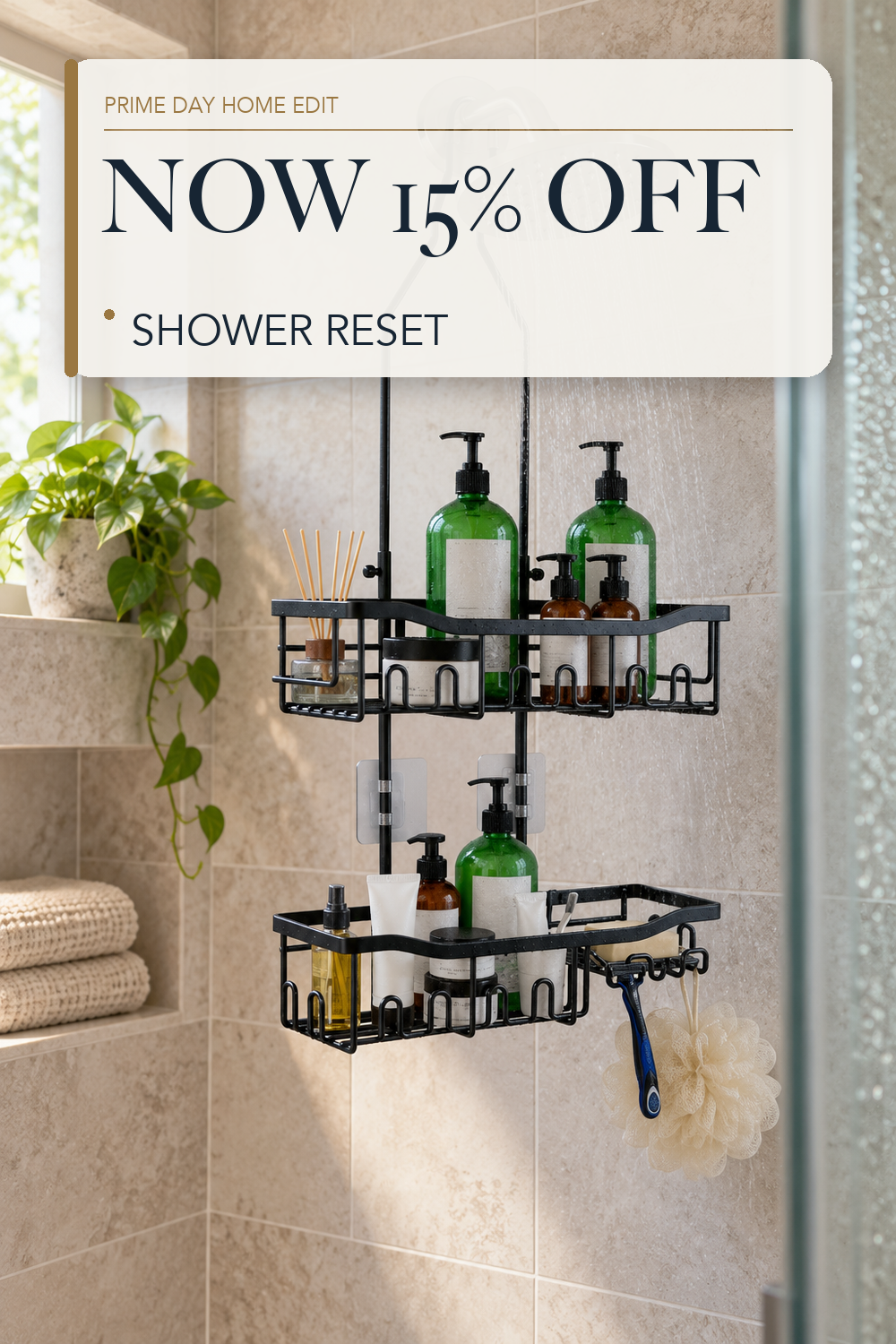 Joqixon Upgraded Extended Length Shower Organizer with Hooks, Rustproof Shampoo Soap Holder, Large Hanging Bathroom Caddy; lifestyle styling illustration