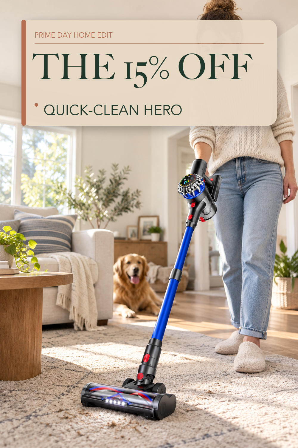 HFFLH Cordless Vacuum Cleaner, 600W 50Kpa 65Mins Cordless Stick Vacuum with Self-Standing, Touch Screen, Anti-Tangle Wireless Vacuum, Vacuum Cleaners for Home/Pet Hair/Carpets/Hardwood Floor; lifestyle styling illustration