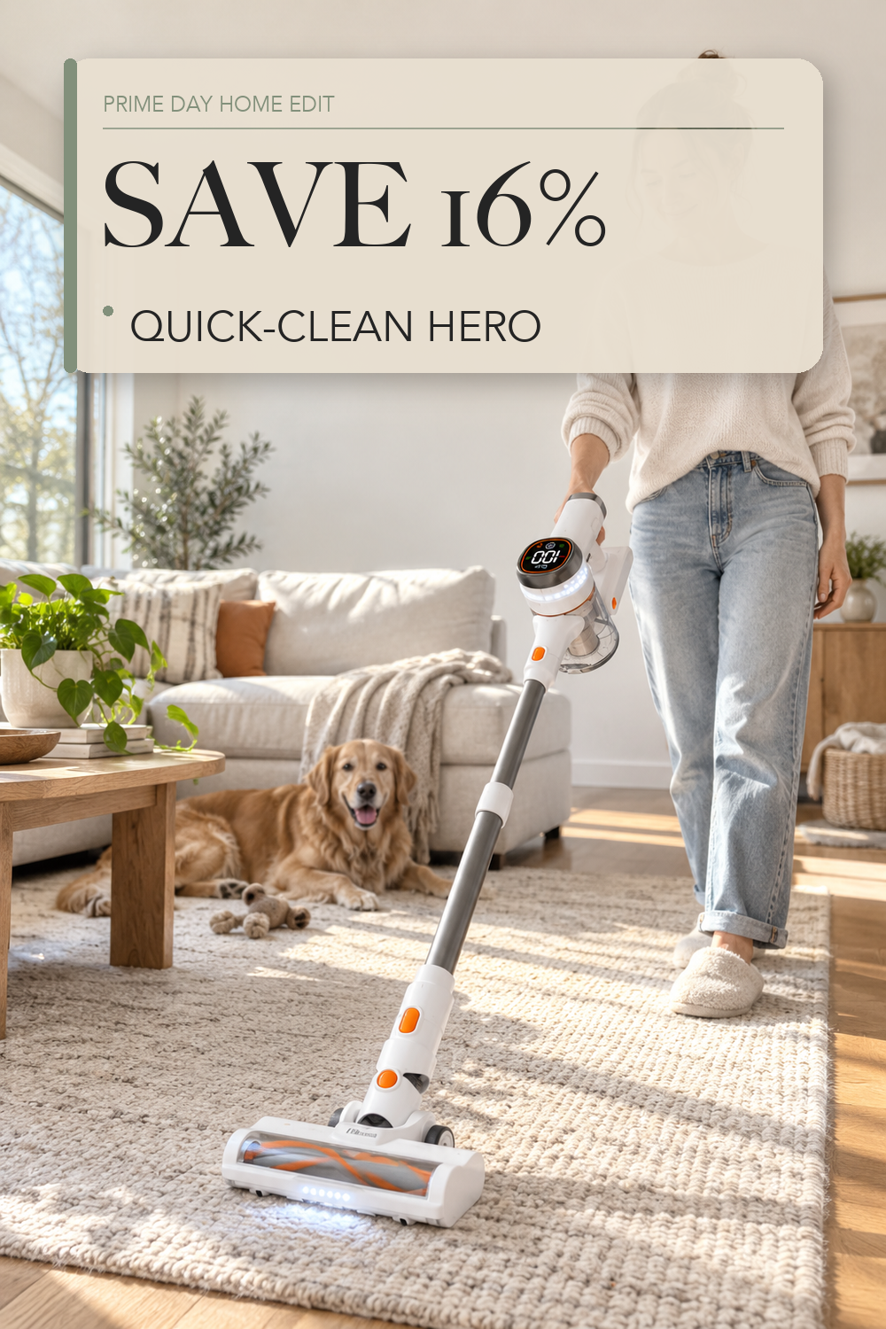 Tikom V500 Cordless Vacuum Cleaner for Home, 40000Pa/450W Stick Vacuum with LED Touch Screen, Charging Wall Dock, Anti-Tangle, Lightweight Handheld Vacuum for Pet Hair, Hard Floor, Carpet; lifestyle styling illustration