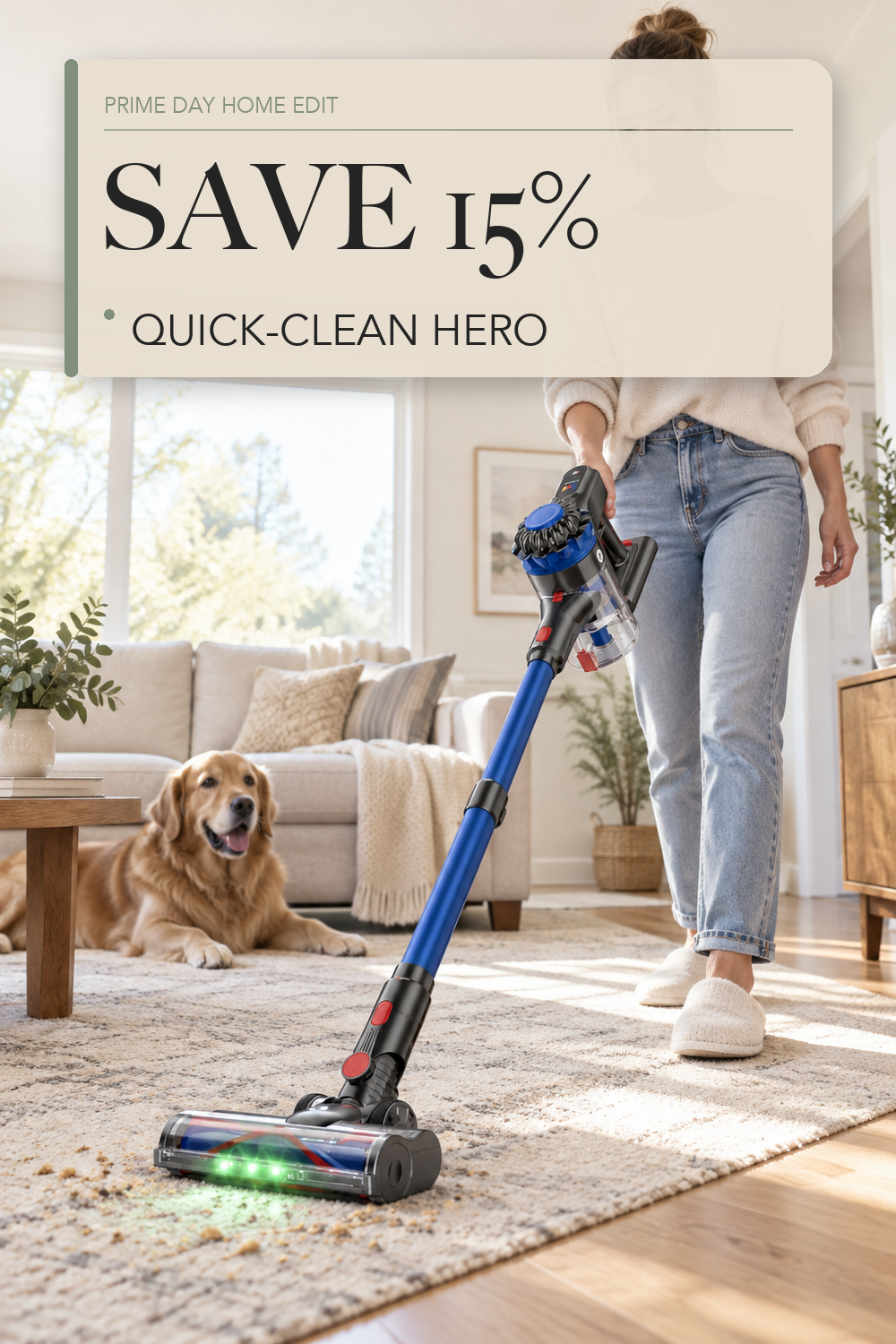 KARDV Cordless Vacuum Cleaner, 500W/40Kpa Vacuum Cleaners for Home, 60Mins Stick Vacuum with LED Display, Anti-Tangle Wireless Vacuum, 8 in 1 Lightweight Vacuum for Hard Floors Carpet Pet Hair; lifestyle styling illustration