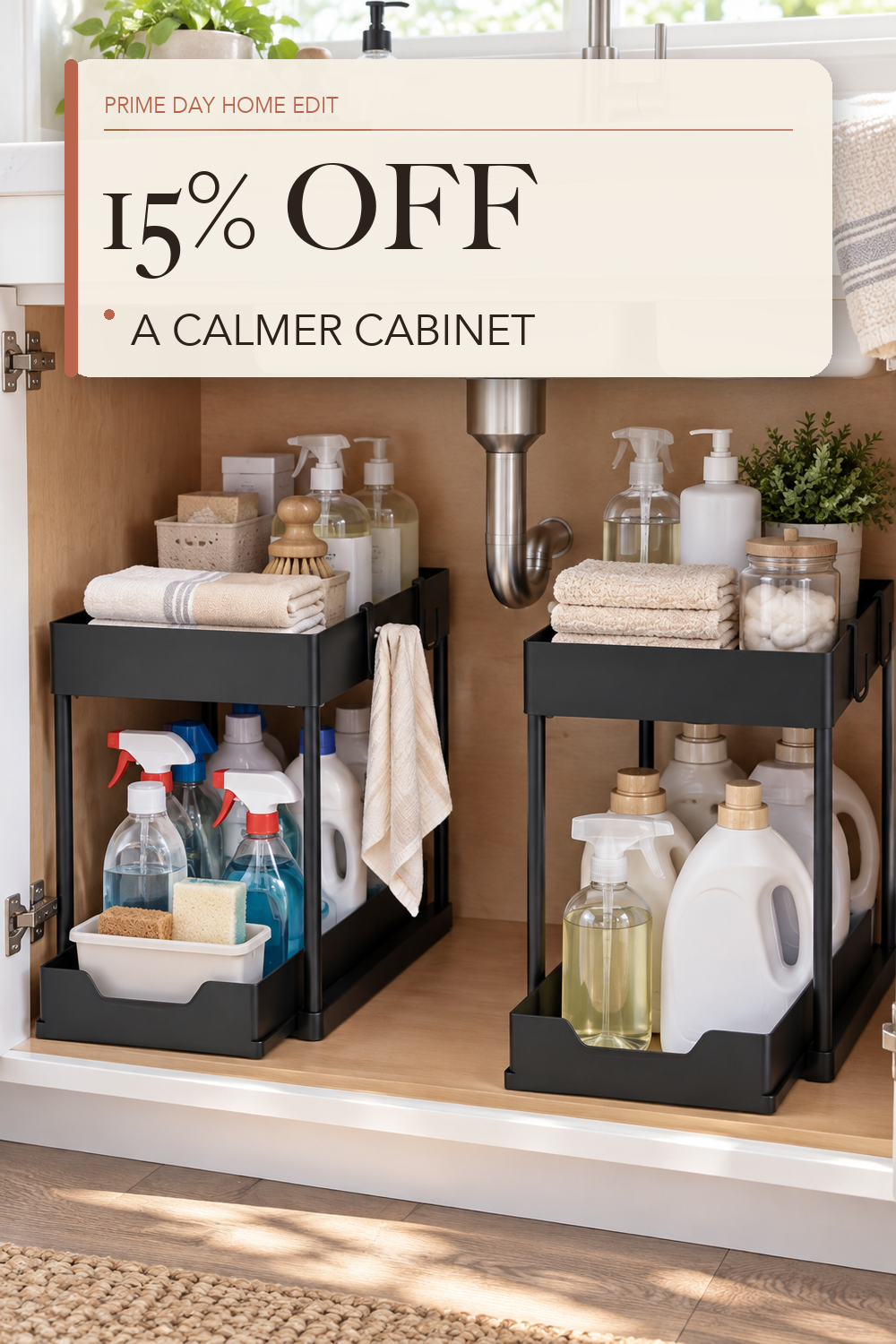 DEKAVA Under Sink Organizer 2 Pack, Bathroom Cabinet Organizer, 2 Tier Sliding Cabinet Basket Organizer Drawer, Multi-Purpose Bath Collection Baskets for Bathroom (Black); lifestyle styling illustration