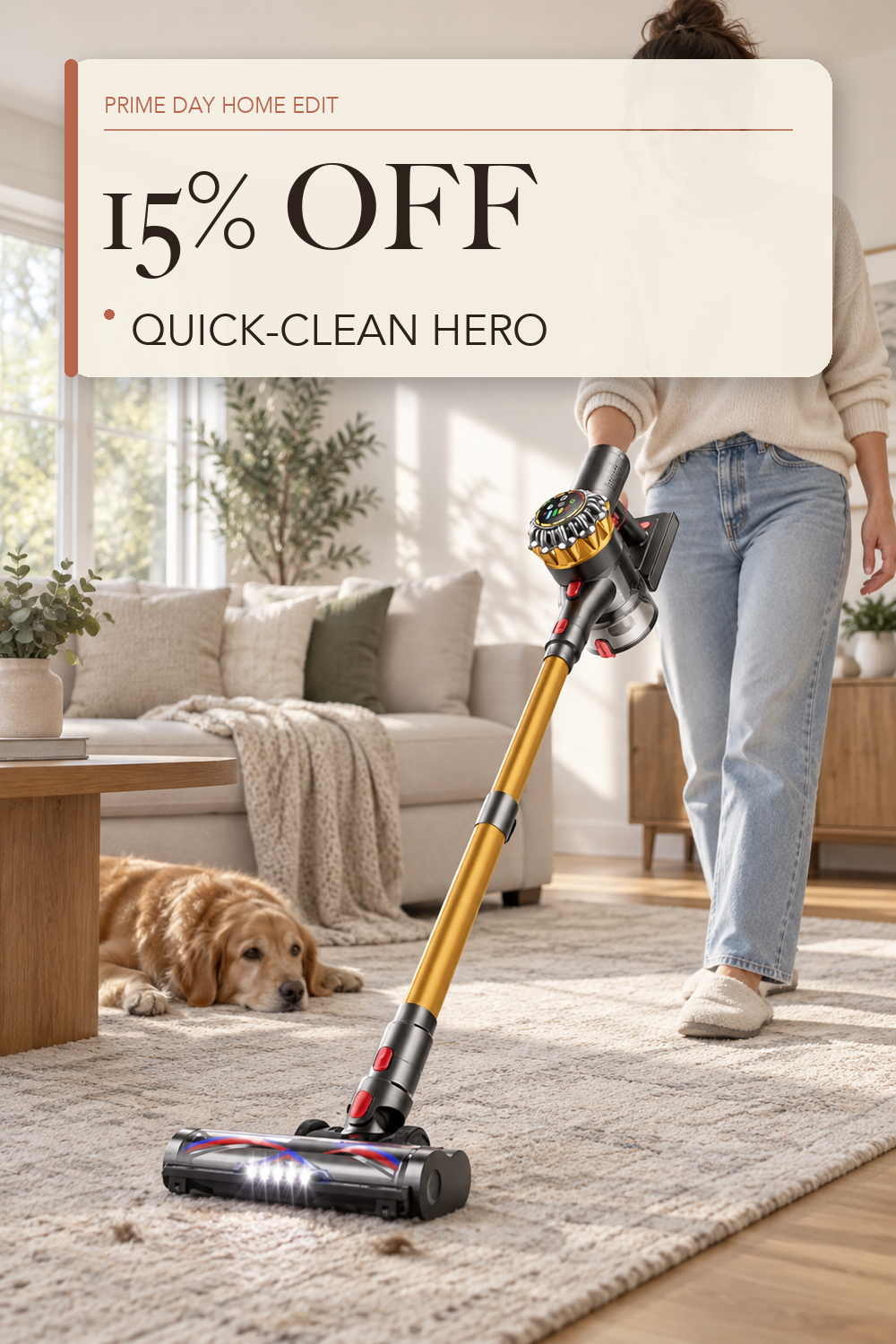 Cordless Vacuum Cleaner, 600W 50KPA 65Mins Vacuum Cleaners for Home, Stick Vacuum with Self-Standing,Touch Screen, Anti-Tangle Brush, 8-in-1 Lightweight Wireless Vacuum for Pet Hair Carpet Hard Floors; lifestyle styling illustration
